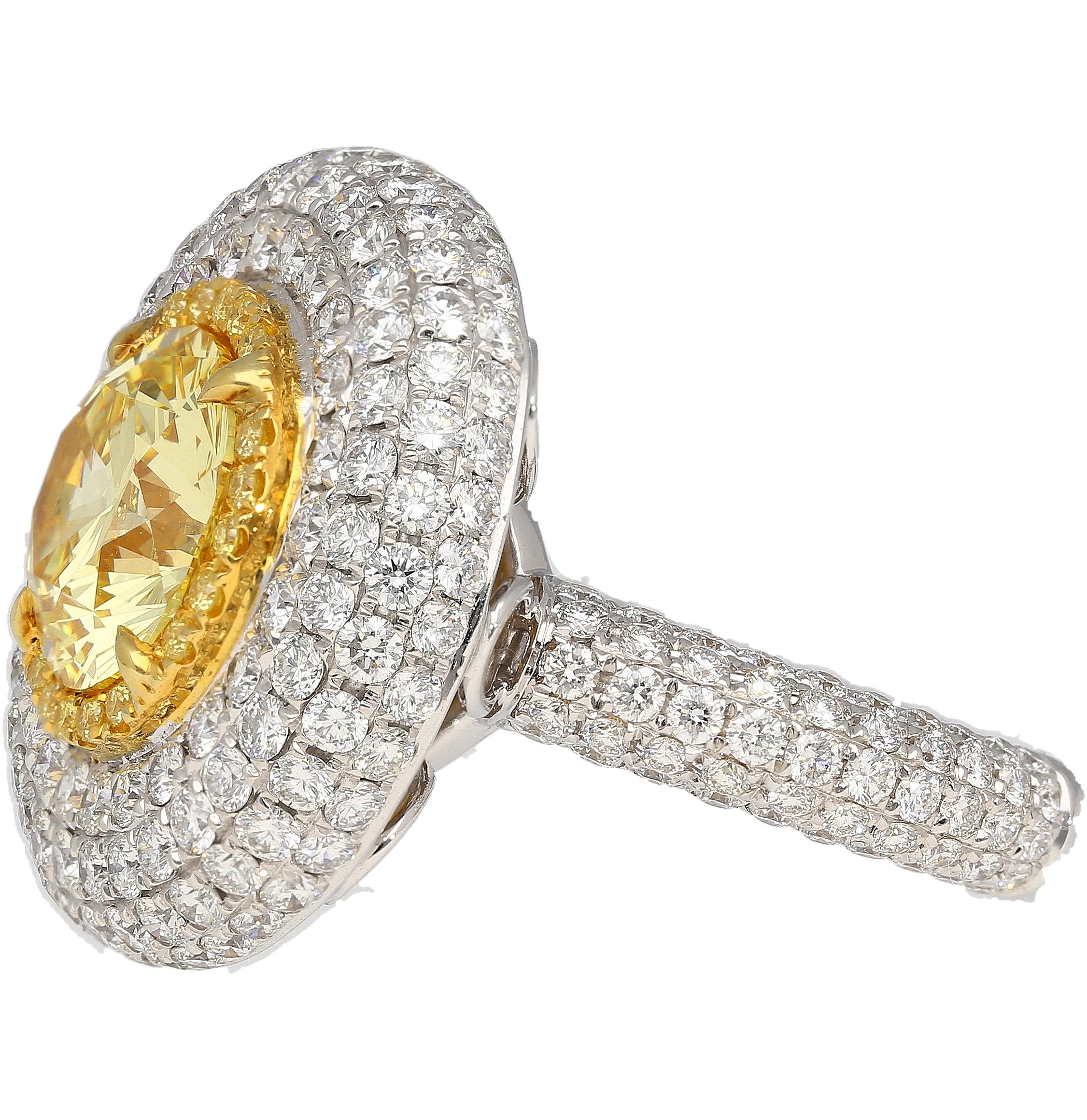 Round Cut GIA Certified 3.3 Carat Fancy Intense Yellow Flawless Round Diamond Ring For Sale