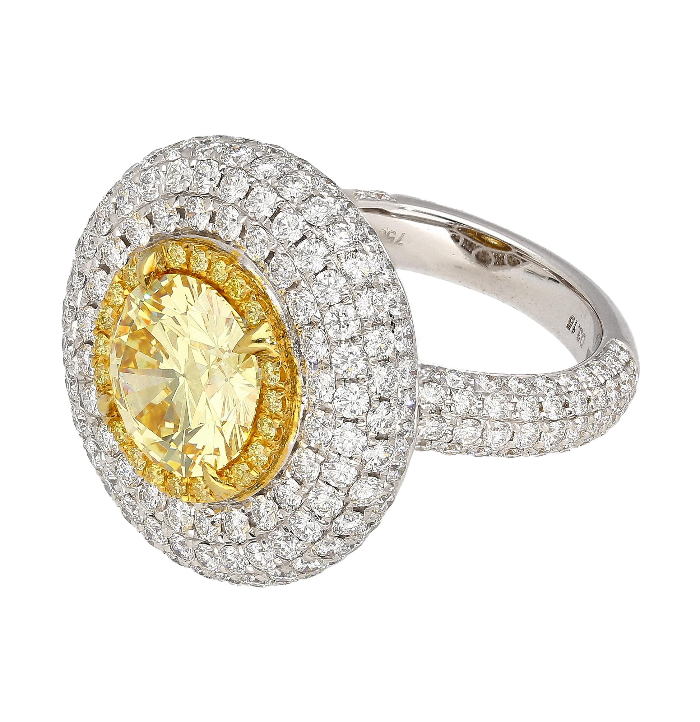 Women's GIA Certified 3.3 Carat Fancy Intense Yellow Flawless Round Diamond Ring For Sale
