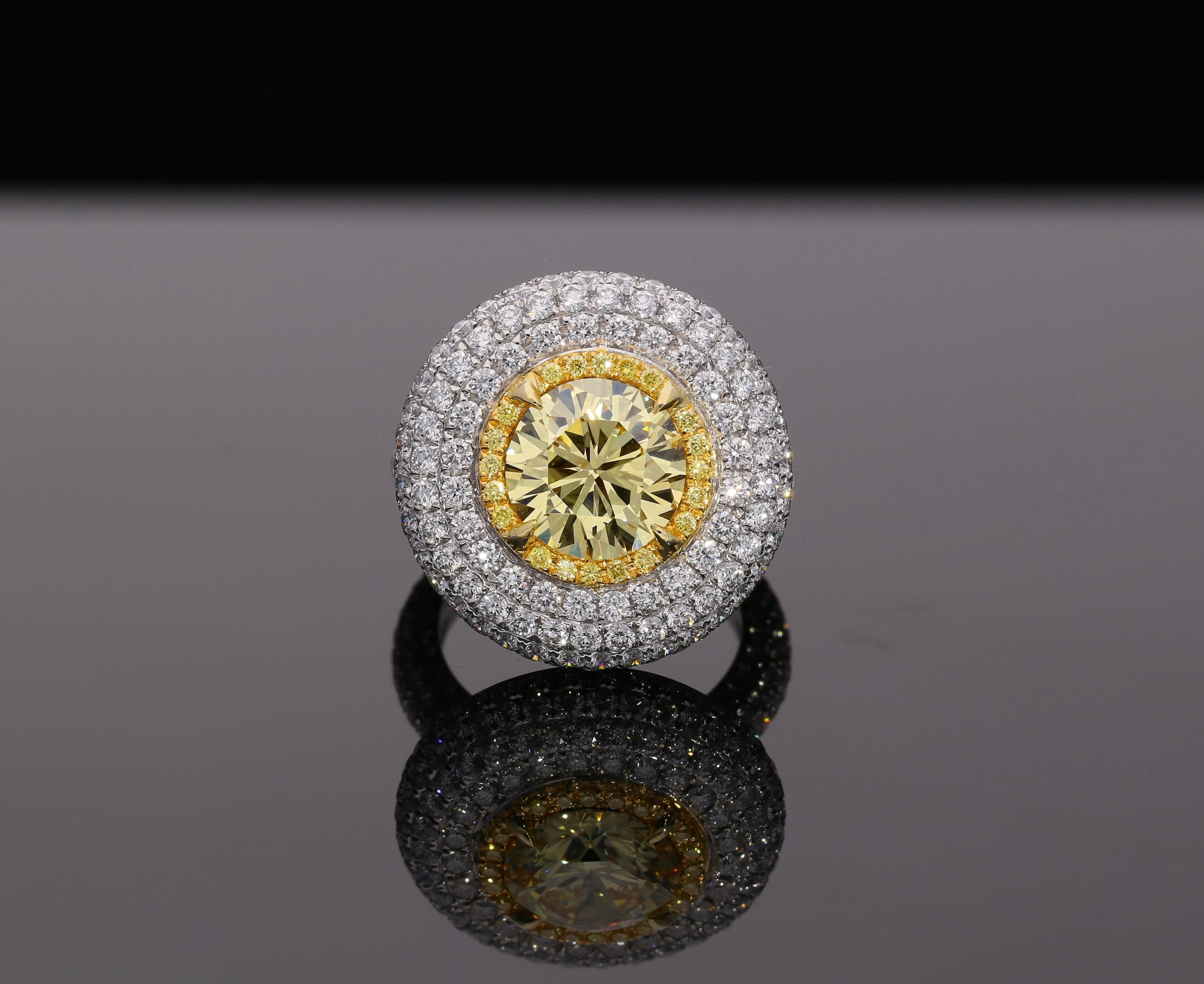 GIA Certified 3.3 Carat Fancy Intense Yellow Flawless Round Diamond Ring For Sale 2