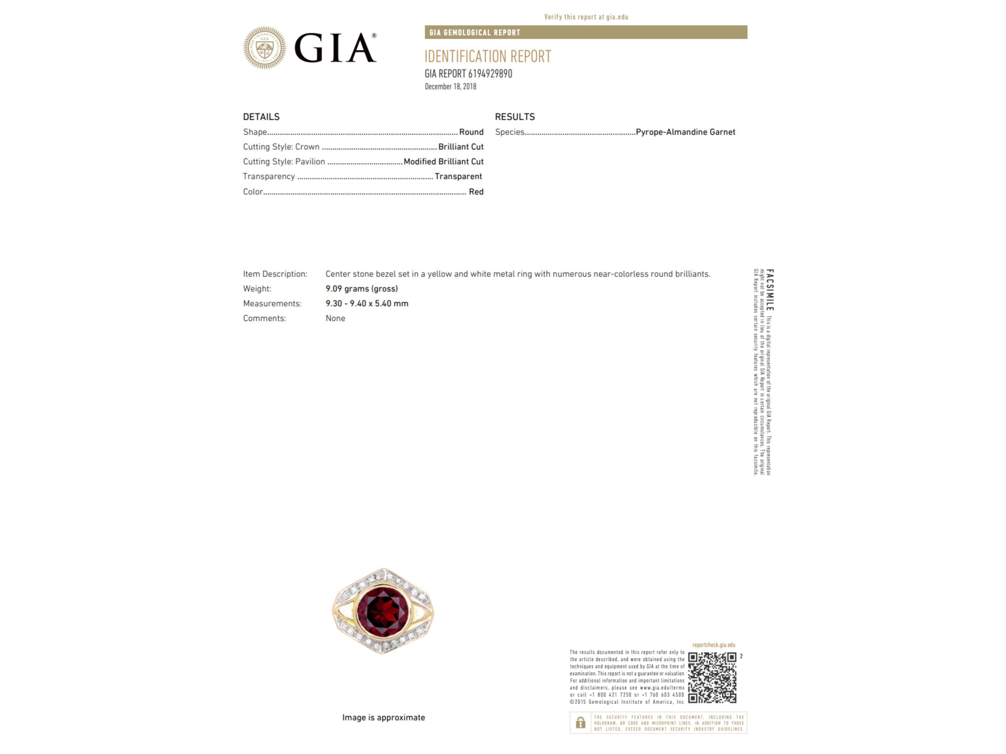 GIA Certified 3.3 Carat Garnet Bezel Set With Diamonds In 14k Gold Men's Ring For Sale 2