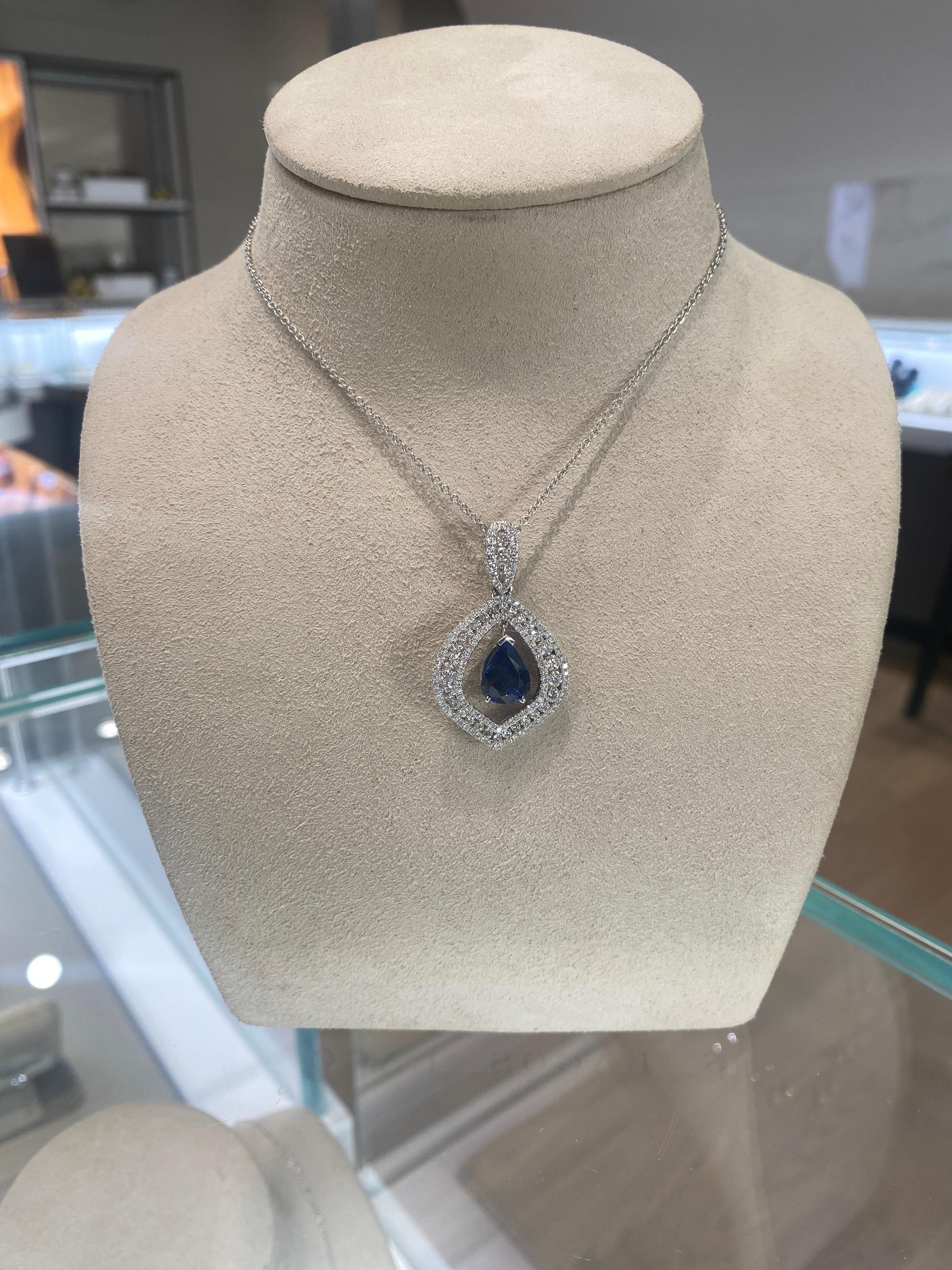 GIA Certified 3.30 Carat Pear Shaped Madagascar Sapphire & Diamond Necklace  In New Condition In Houston, TX