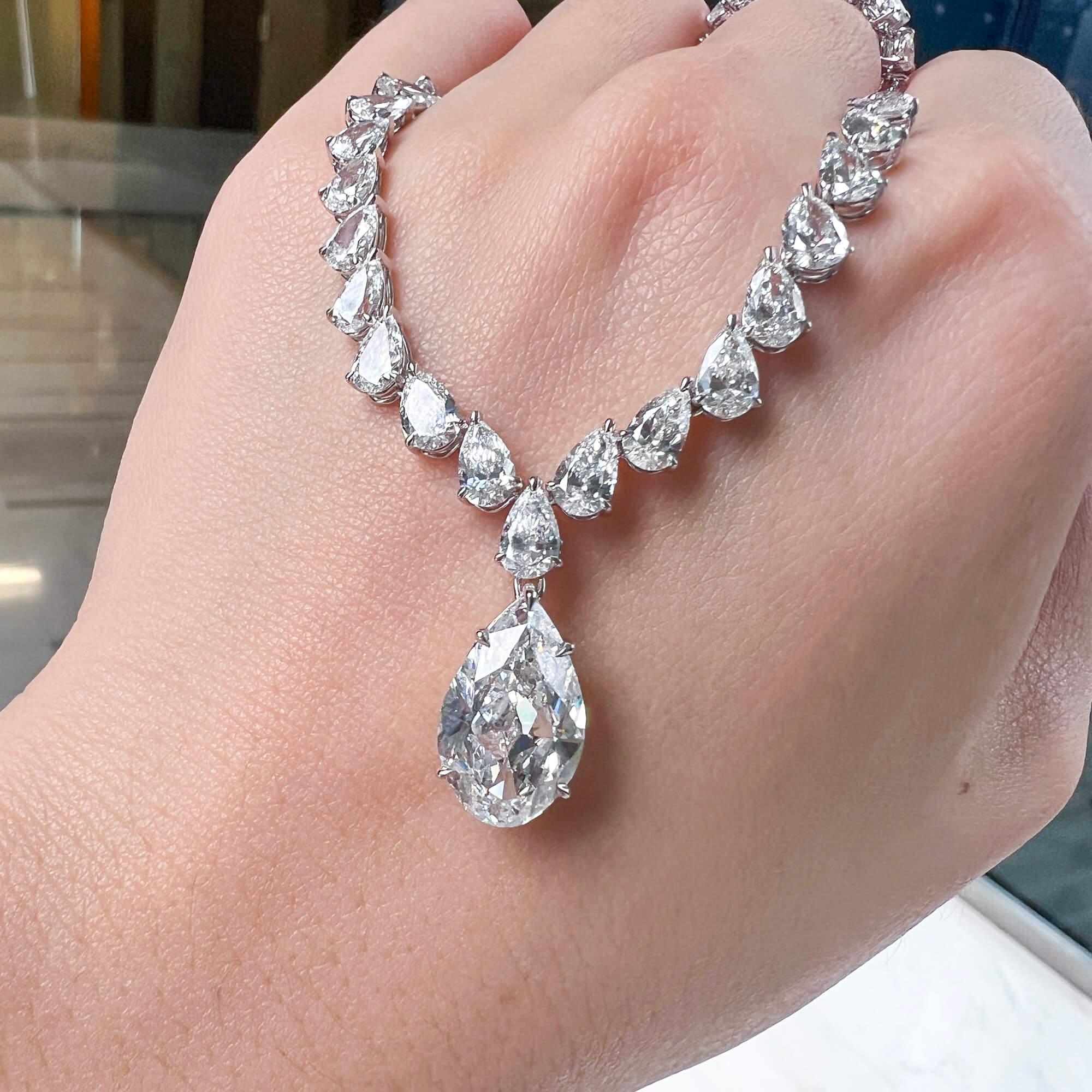 Pear Cut GIA Certified 33.00ct Pear Diamond Tennis Necklace For Sale