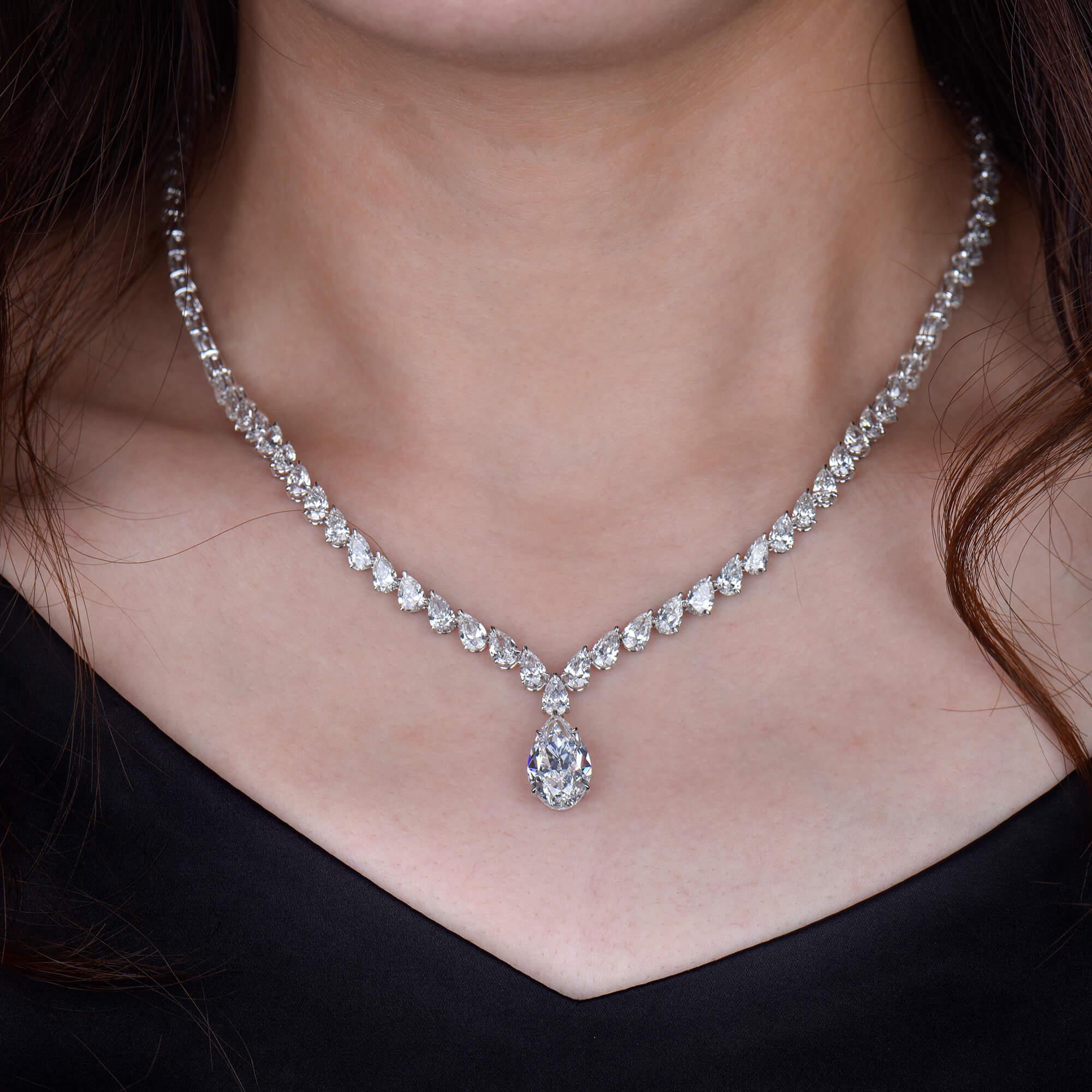 GIA Certified 33.00ct Pear Diamond Tennis Necklace In New Condition For Sale In Victoria,, AU