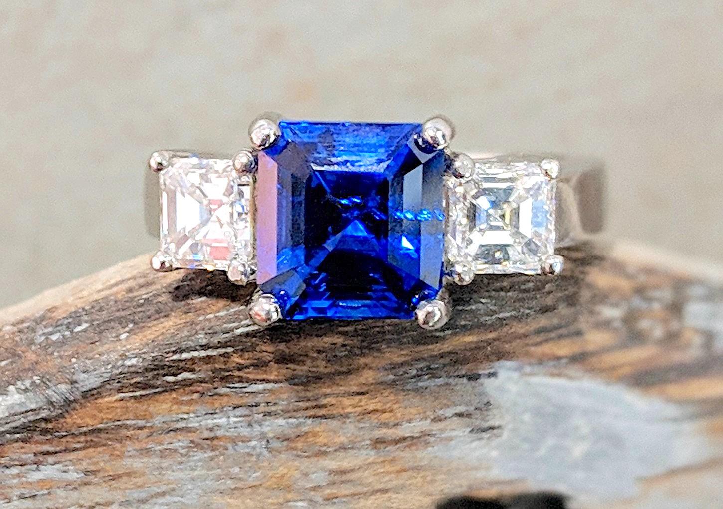 Women's GIA Certified 3.31 Carat Sapphire and Diamond 3-Stone Ring