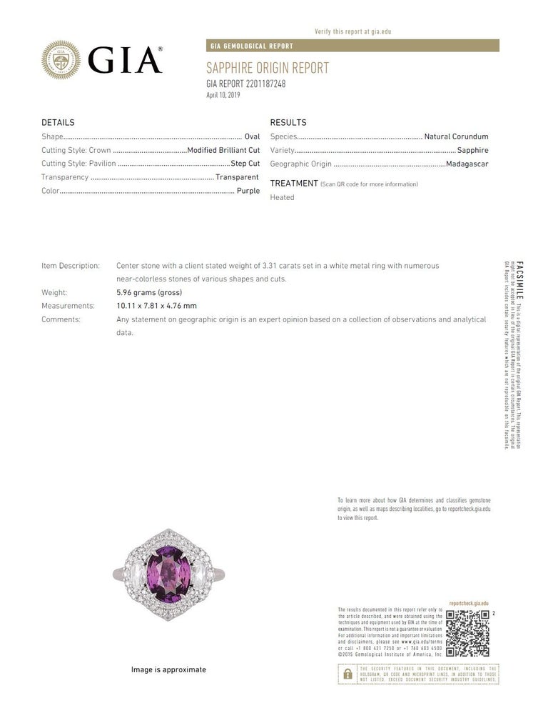 GIA Certified 3.31 Oval Cut Carat Purple Sapphire and Diamond Ring in 18k White In New Condition For Sale In New York, NY