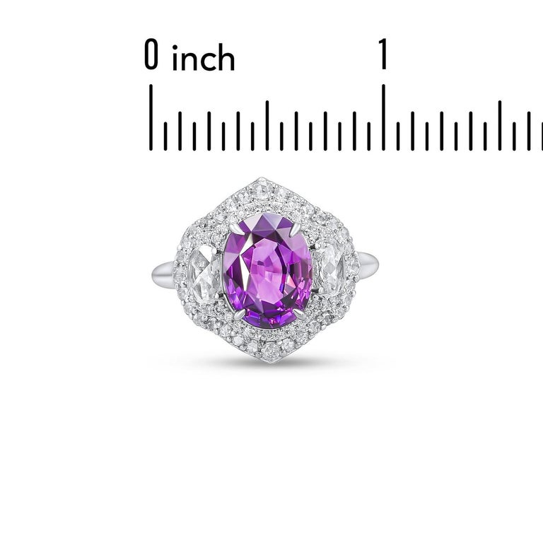 Women's GIA Certified 3.31 Oval Cut Carat Purple Sapphire and Diamond Ring in 18k White For Sale