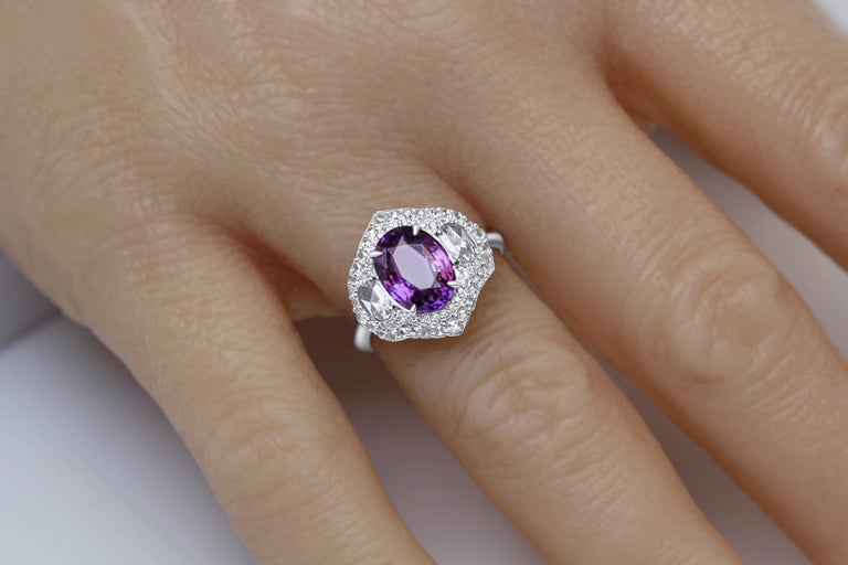 GIA Certified 3.31 Oval Cut Carat Purple Sapphire and Diamond Ring in 18k White For Sale 1