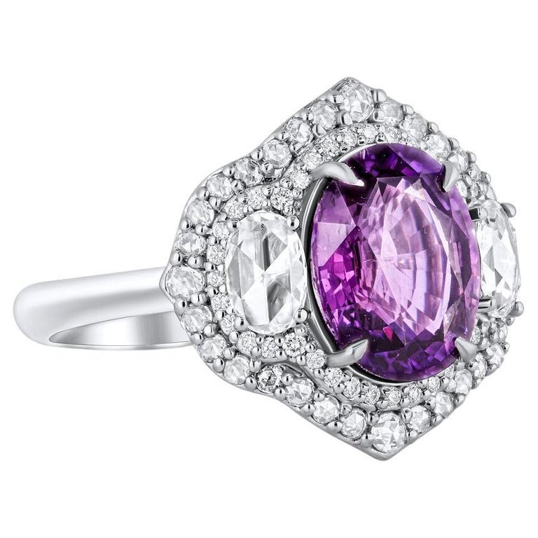 GIA Certified 3.31 Oval Cut Carat Purple Sapphire and Diamond Ring in 18k White For Sale