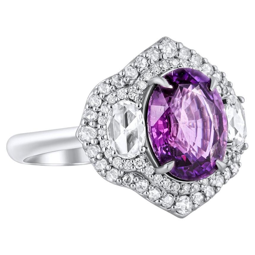 GIA Certified 3.31 Oval Cut Carat Purple Sapphire and Diamond Ring 18k ref1319 For Sale