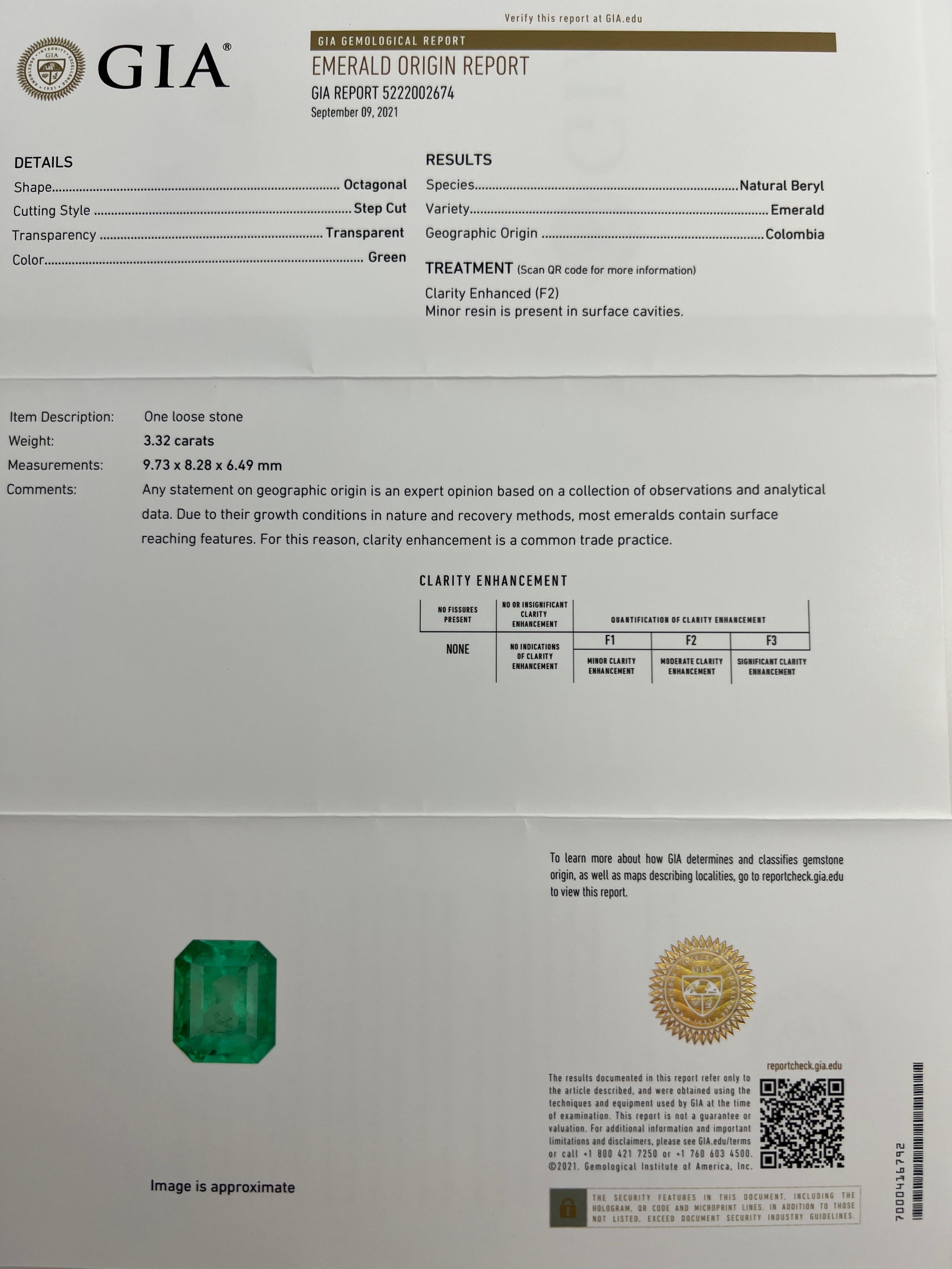 Emerald Cut GIA Certified 3.32ct Vivid Green Colombian Emerald 18k Gold Pendant Necklace