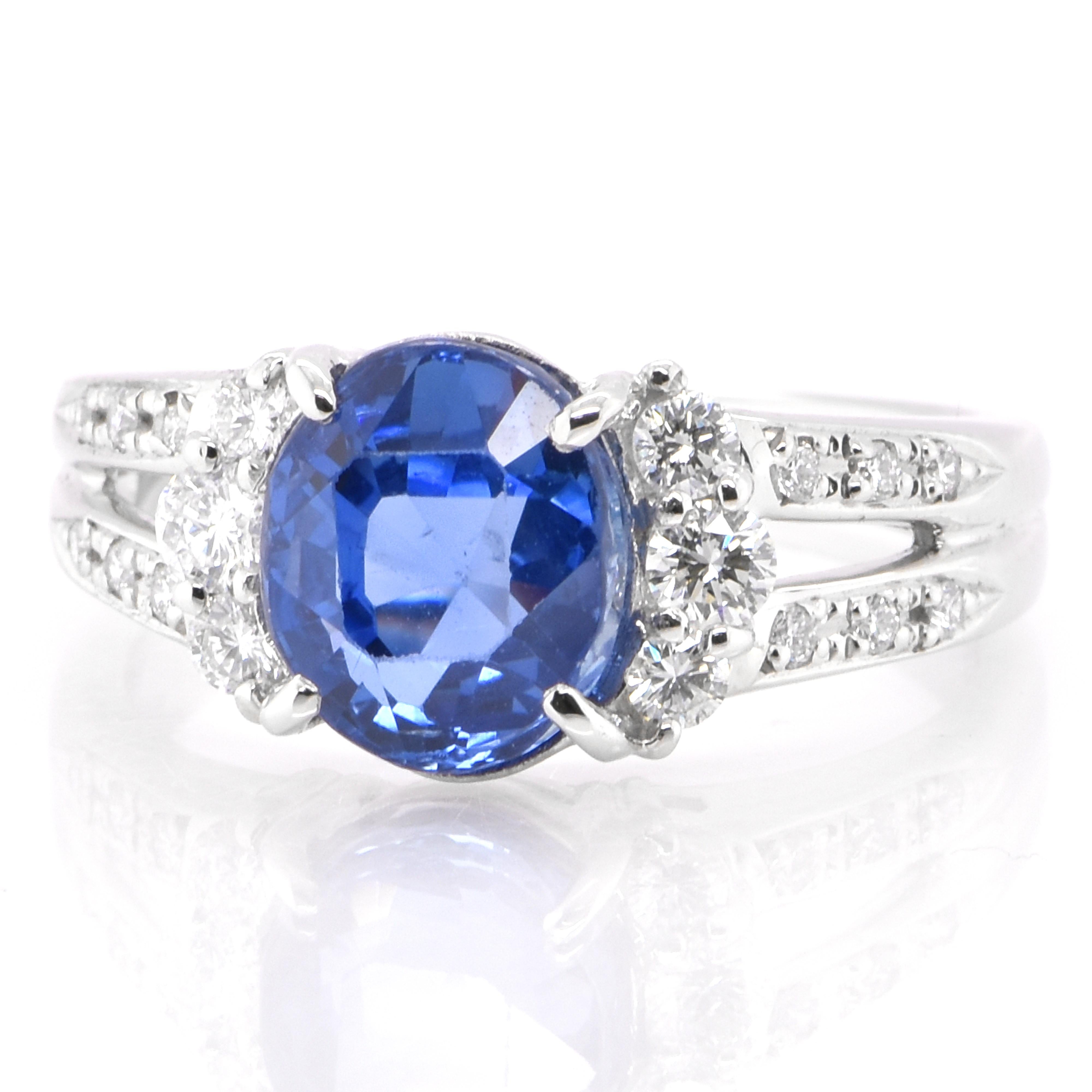 A beautiful ring featuring GIA Certified 3.33 Carat Natural Burmese, Unheated Sapphire and 0.37 Carats Diamond Accents set in Platinum. Sapphires have extraordinary durability - they excel in hardness as well as toughness and durability making them