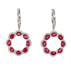 GIA Certified 3.33 Carat Oval Ruby Diamond Gold Dangle Earrings