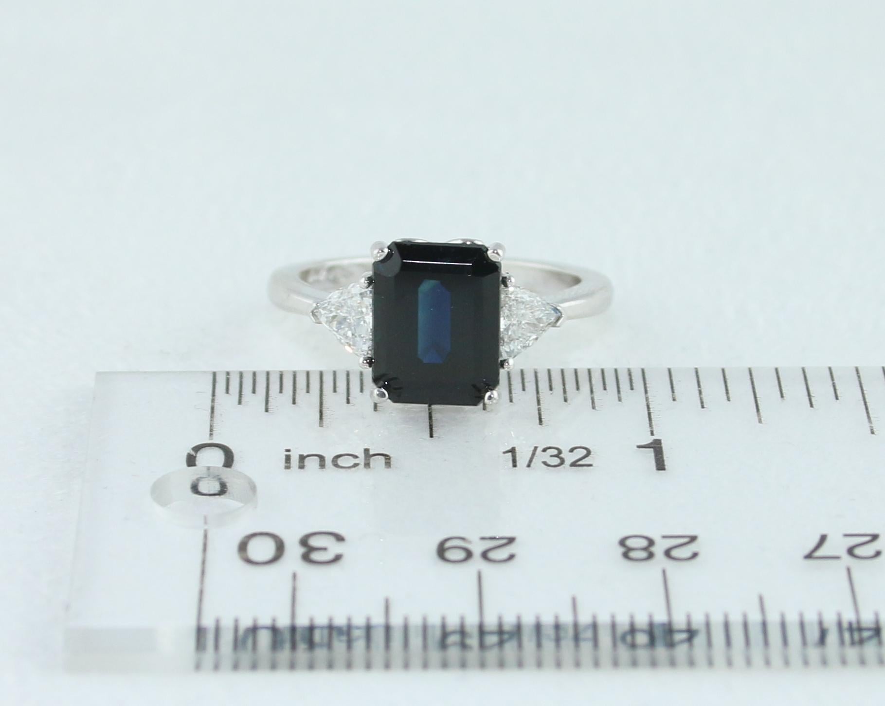 GIA Certified 3.33 Carat Dark Blue Sapphire Diamond Three-Stone Gold Ring 3