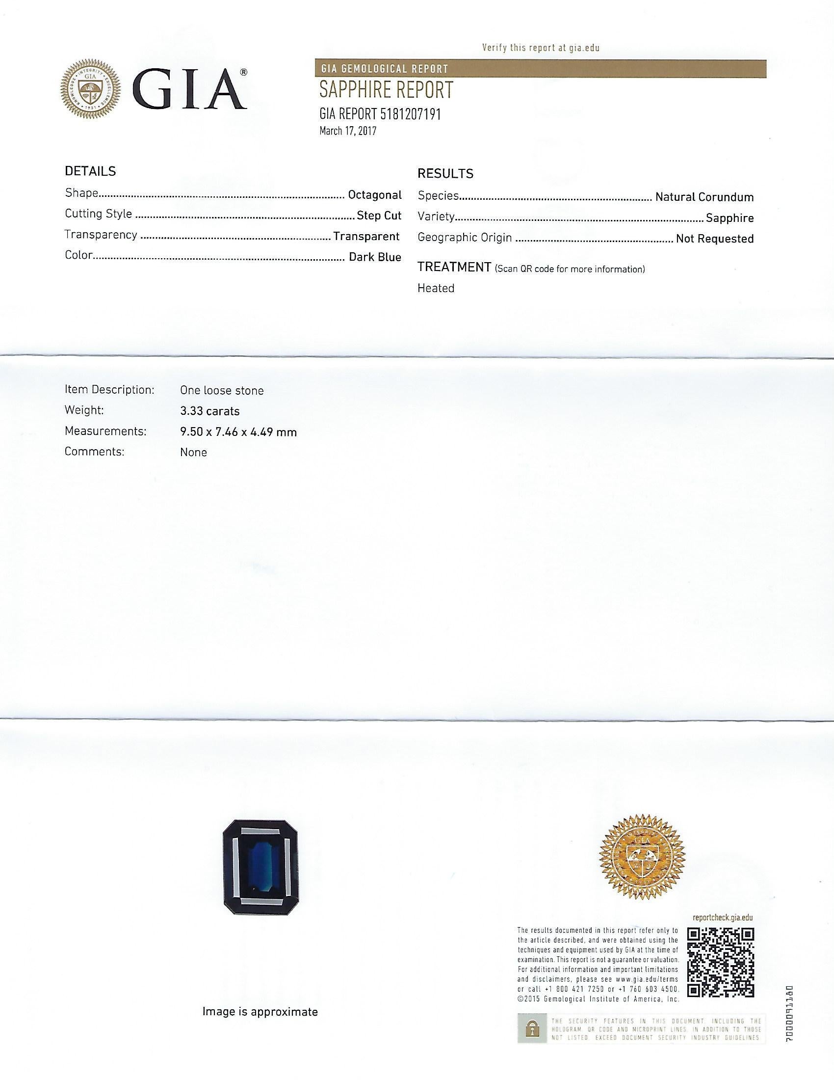 GIA Certified 3.33 Carat Dark Blue Sapphire Diamond Three-Stone Gold Ring 4
