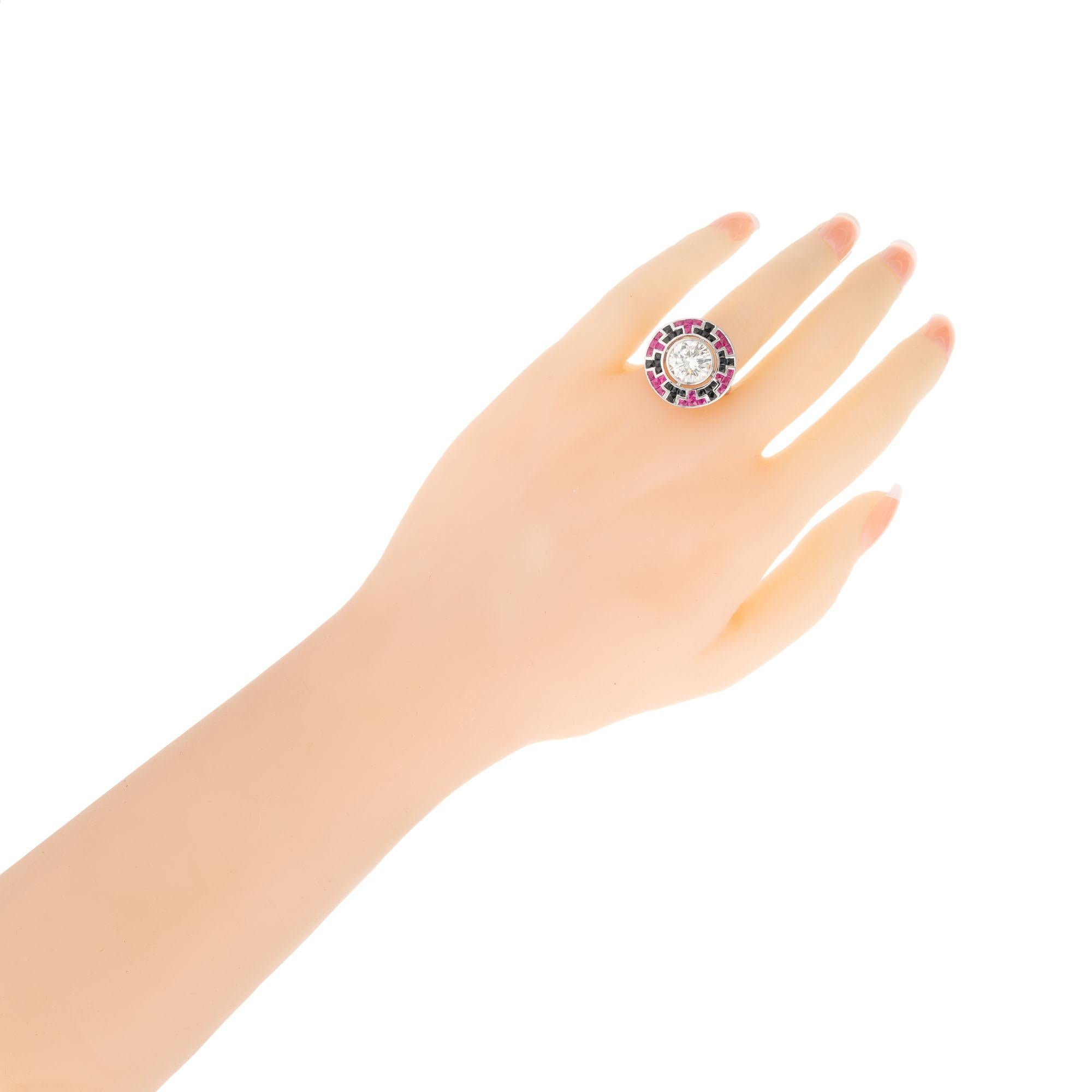 Round Cut GIA Certified 3.34 Carat Diamond Ruby Onyx White Gold Cocktail Ring For Sale