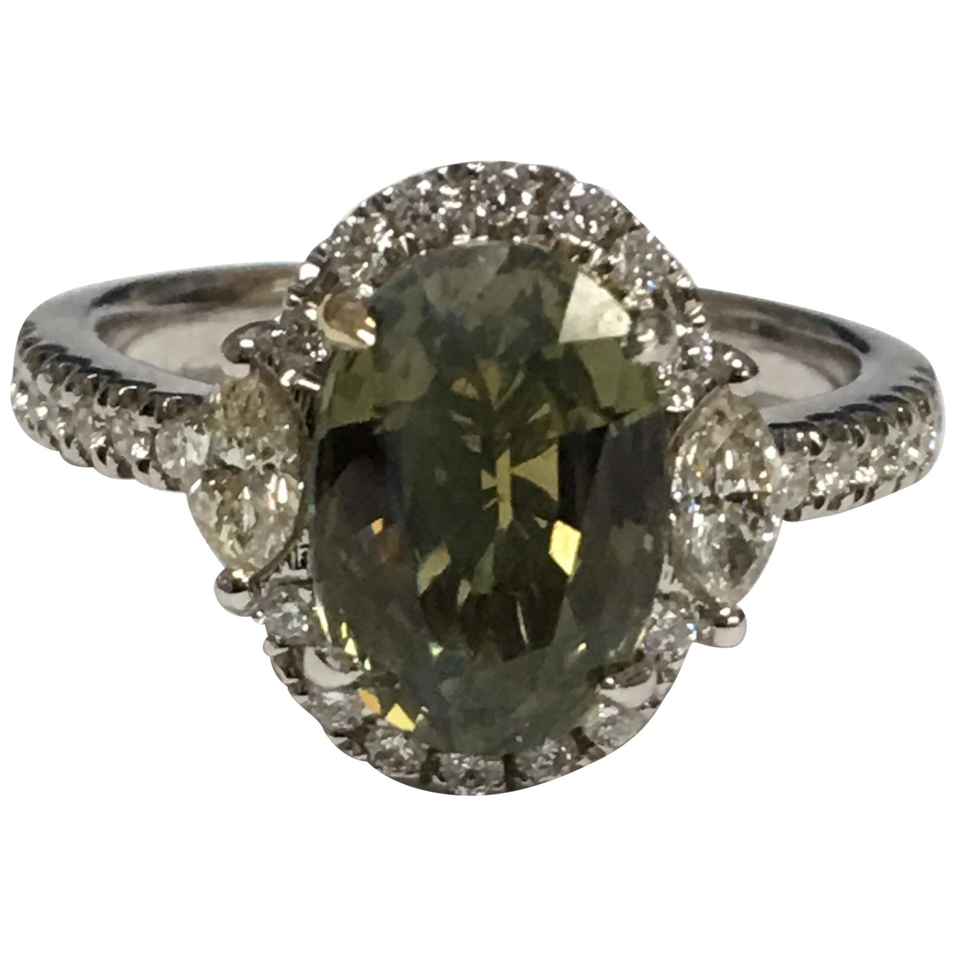 GIA Certified 3.35 Carat Alexandrite Diamond Engagement Ring For Sale