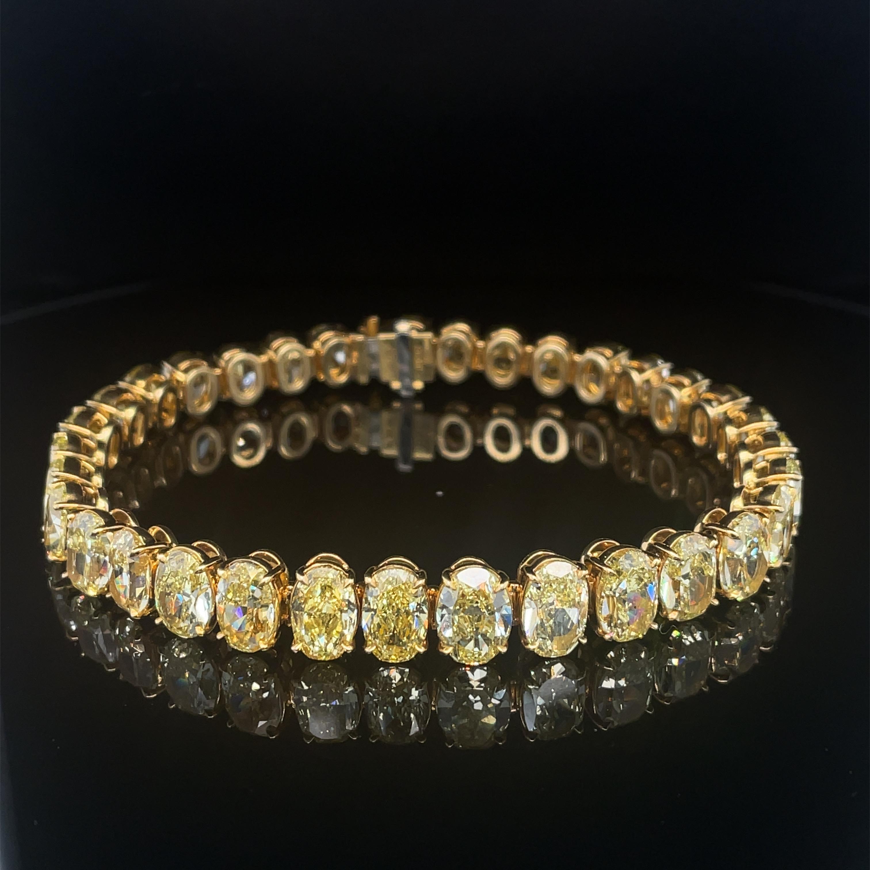 33.52cttw Fancy Intense Yellow oval Diamonds 
set in 18KYG 
with 33 psc diamonds = 33.52cttw, GIA certified