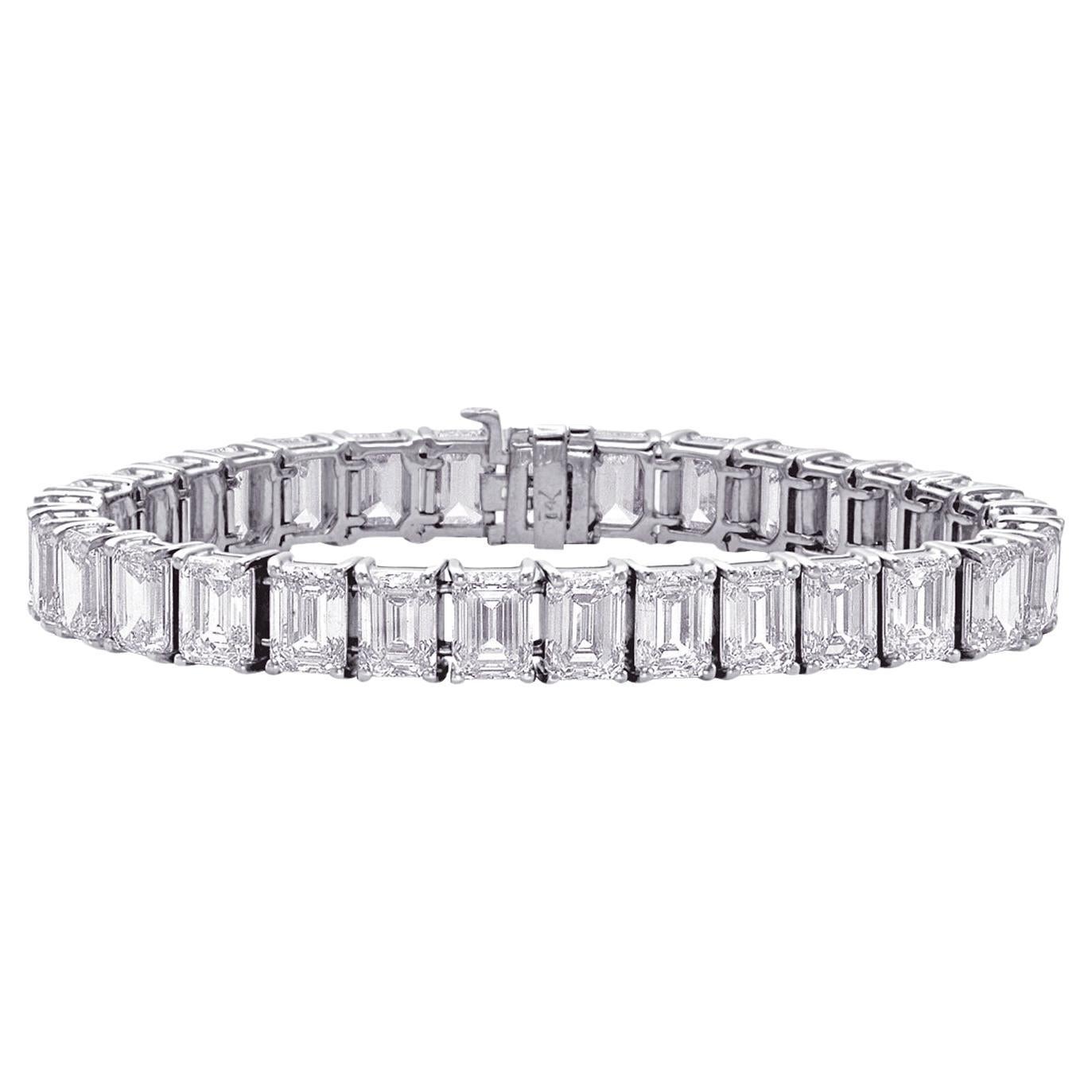 GIA Certified 33.54 Carat Emerald Cut Tennis Bracelet, Platinum, D–F Color