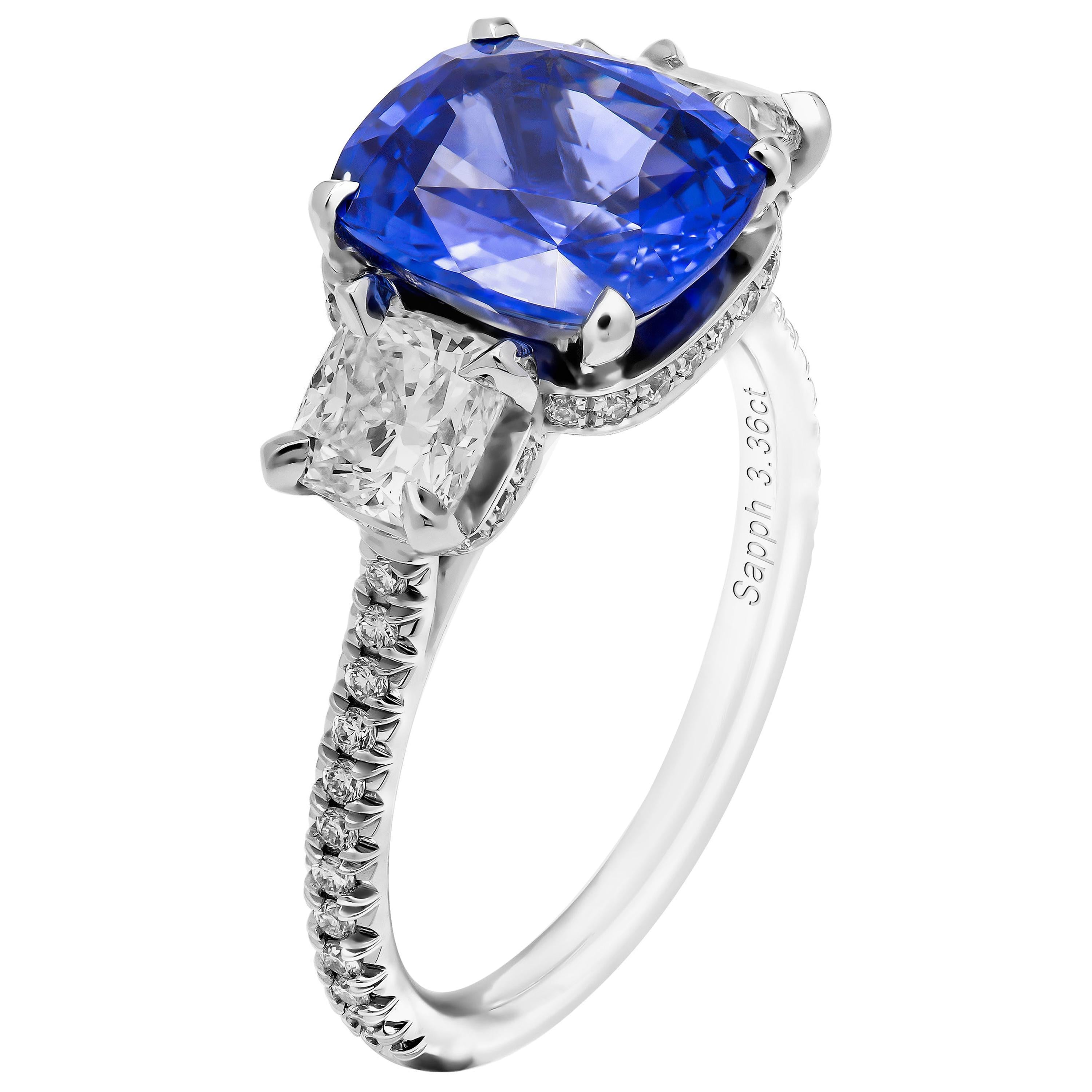 GIA Certified 3.36 Carat Blue Sapphire 3-Stone Ring For Sale