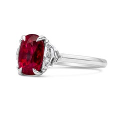 GIA Certified 3.36 Carat Cushion Cut Ruby & Diamond Three Stone Engagement Ring