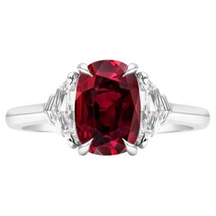 GIA Certified 3.36 Carat Cushion Cut Ruby & Diamond Three Stone Engagement Ring
