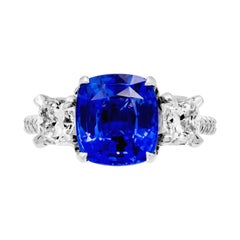GIA Certified 3.36 Carat Blue Sapphire 3-Stone Ring