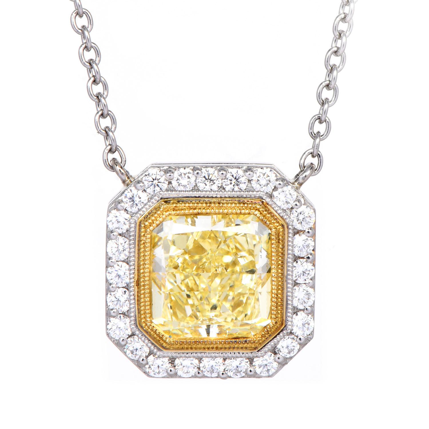 GIA Certified 3.36cts Fancy Yellow Cushion Diamond Platinum Halo Pendant Necklac In New Condition In Miami, FL