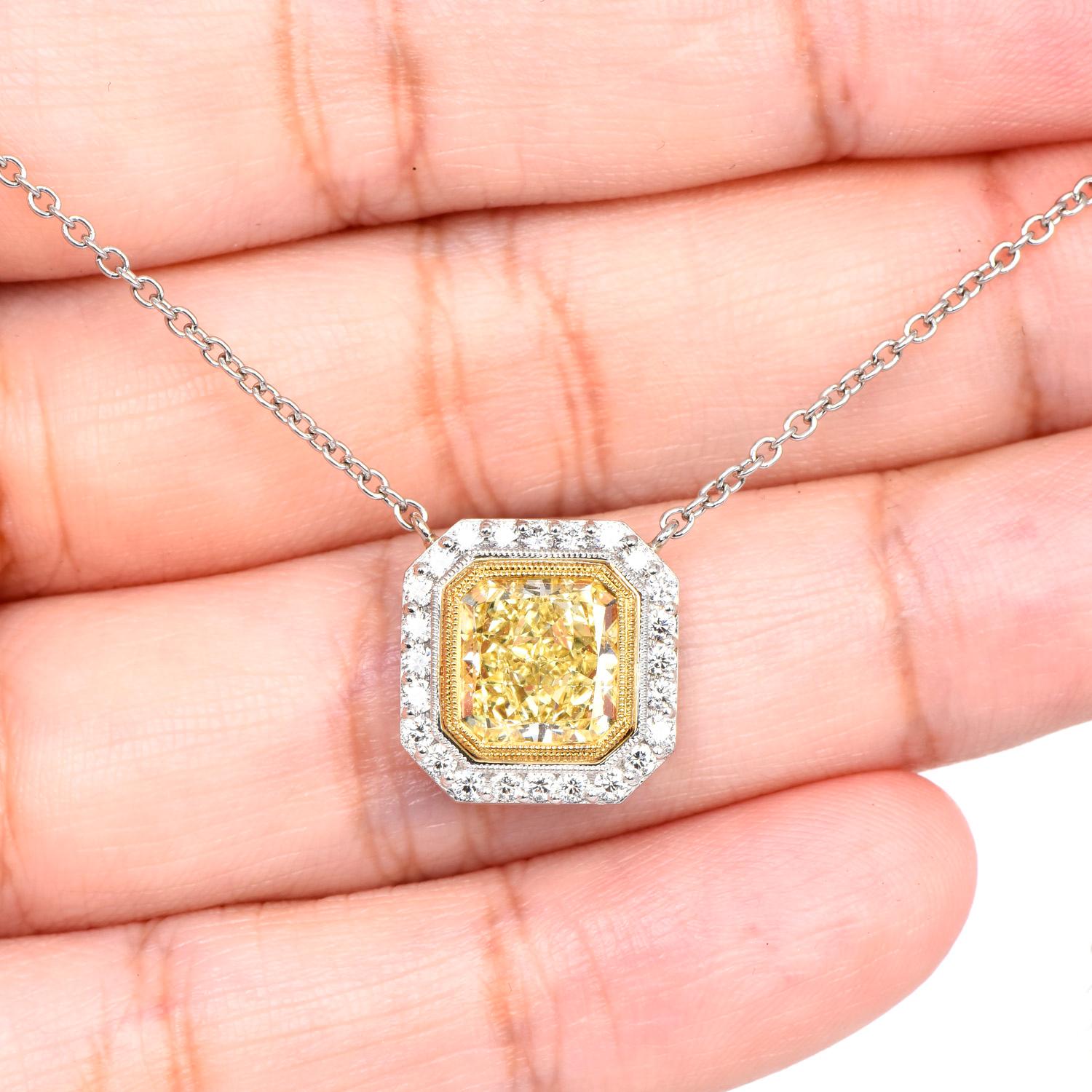 GIA Certified 3.36cts Fancy Yellow Cushion Diamond Platinum Halo Pendant Necklac 1