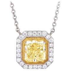 GIA Certified 3.36cts Fancy Yellow Cushion Diamond Platinum Halo Pendant Necklac