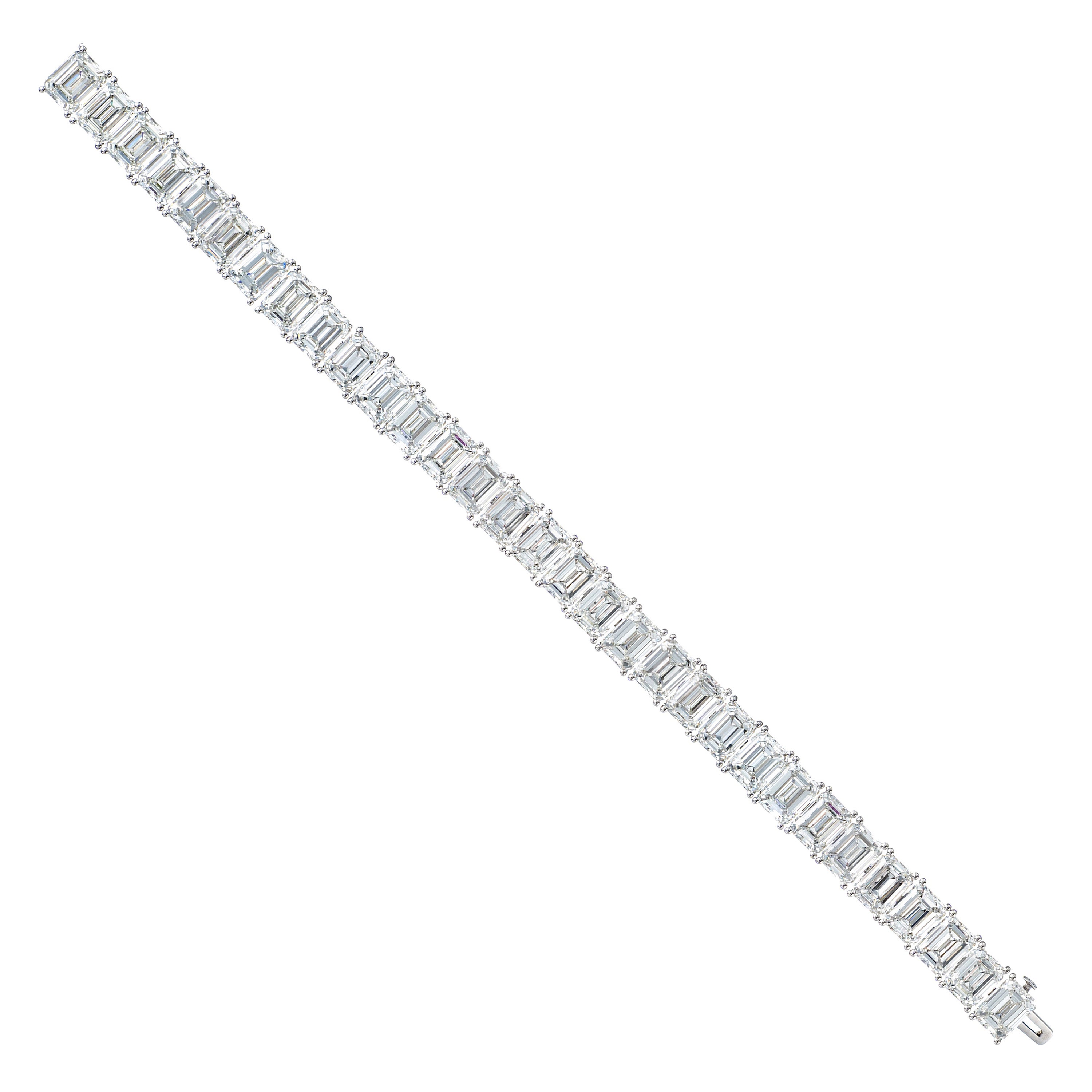 GIA Certified 33.73 Carat Emerald Diamond Tennis Bracelet in 18K White Gold For Sale
