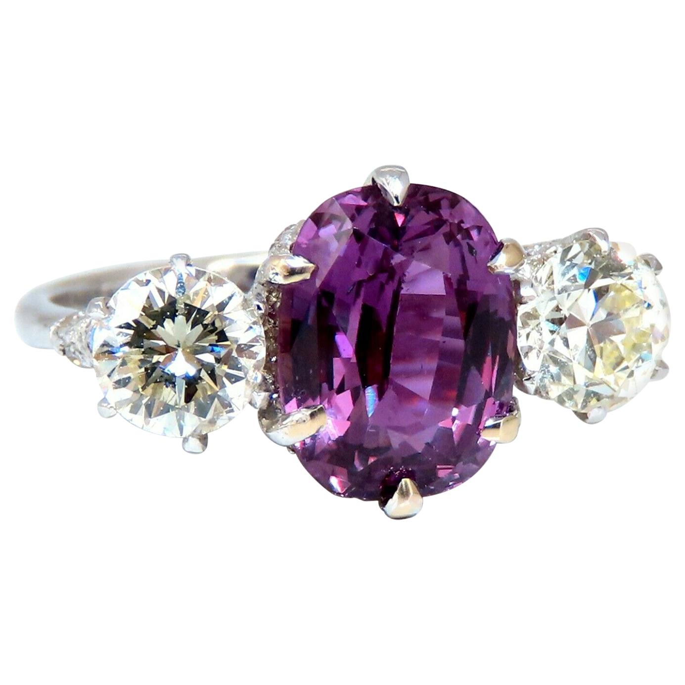 Bague classique en or 18 carats avec diamants et saphir rose violet naturel de 3,37 carats certifié par le GIA