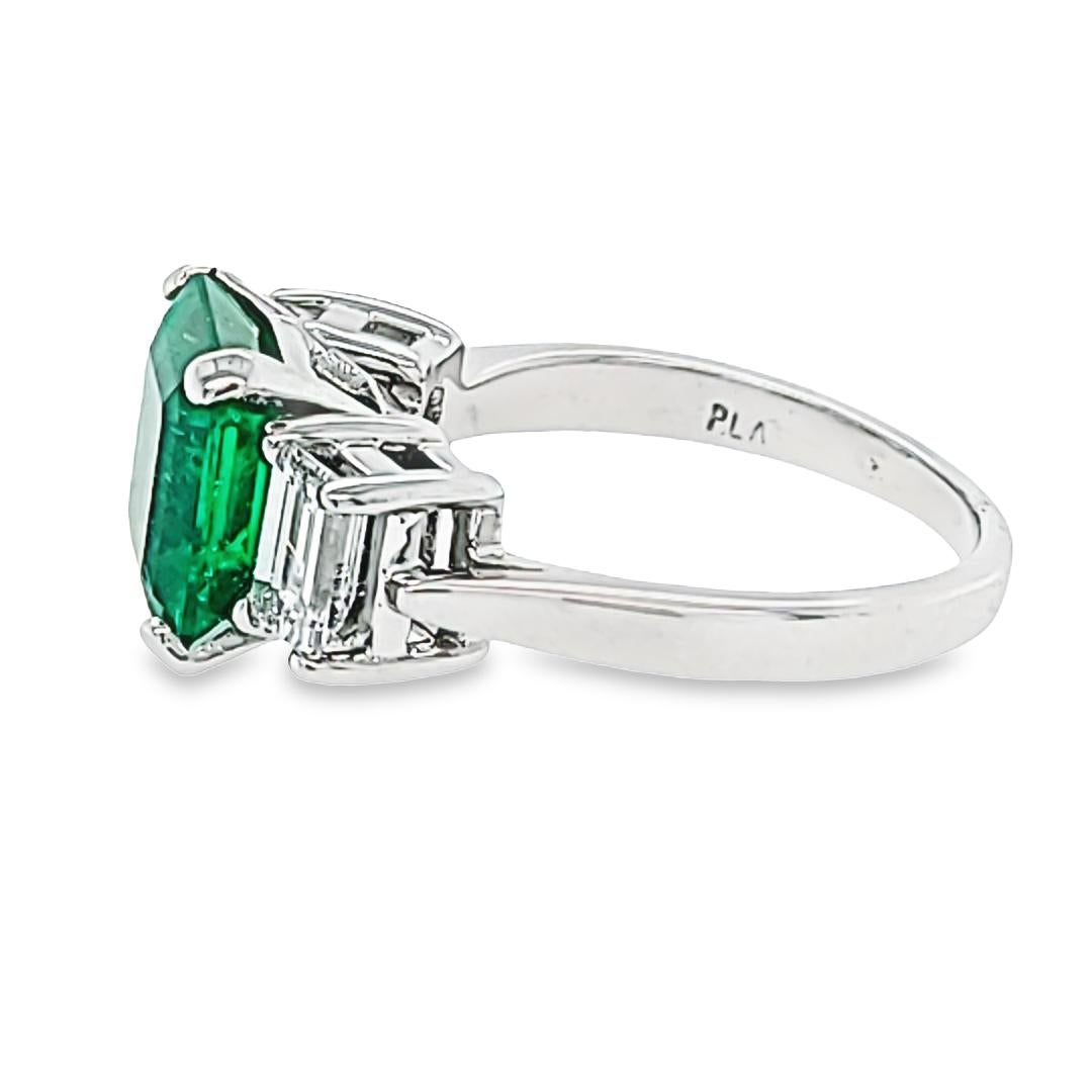 Emerald Cut GIA Certified 3.38 Carat Colombian Emerald 3 Stone Ring For Sale