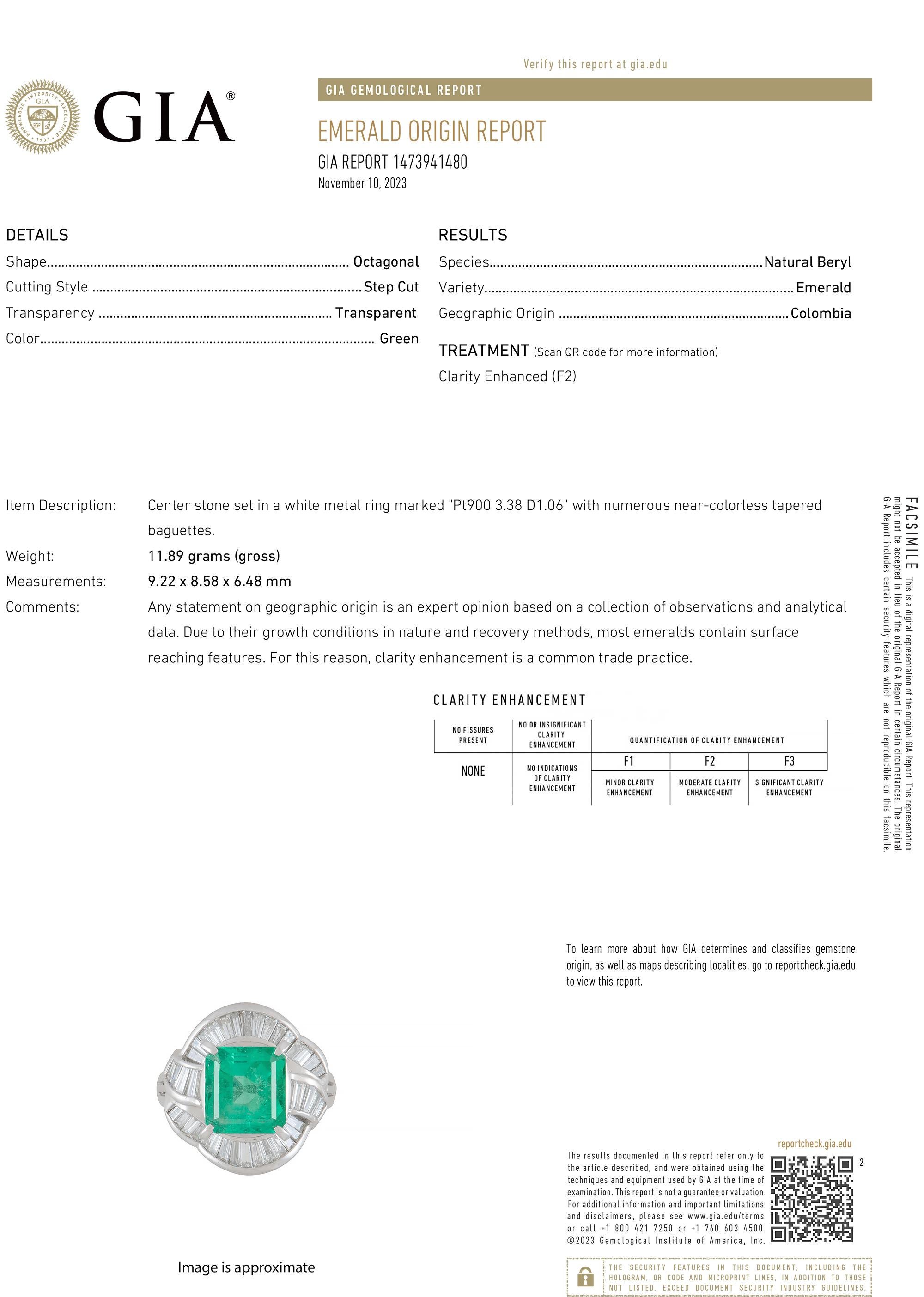 Emerald Cut GIA Certified 3.38 Carat Colombian Emerald Diamond Cocktail Ring For Sale