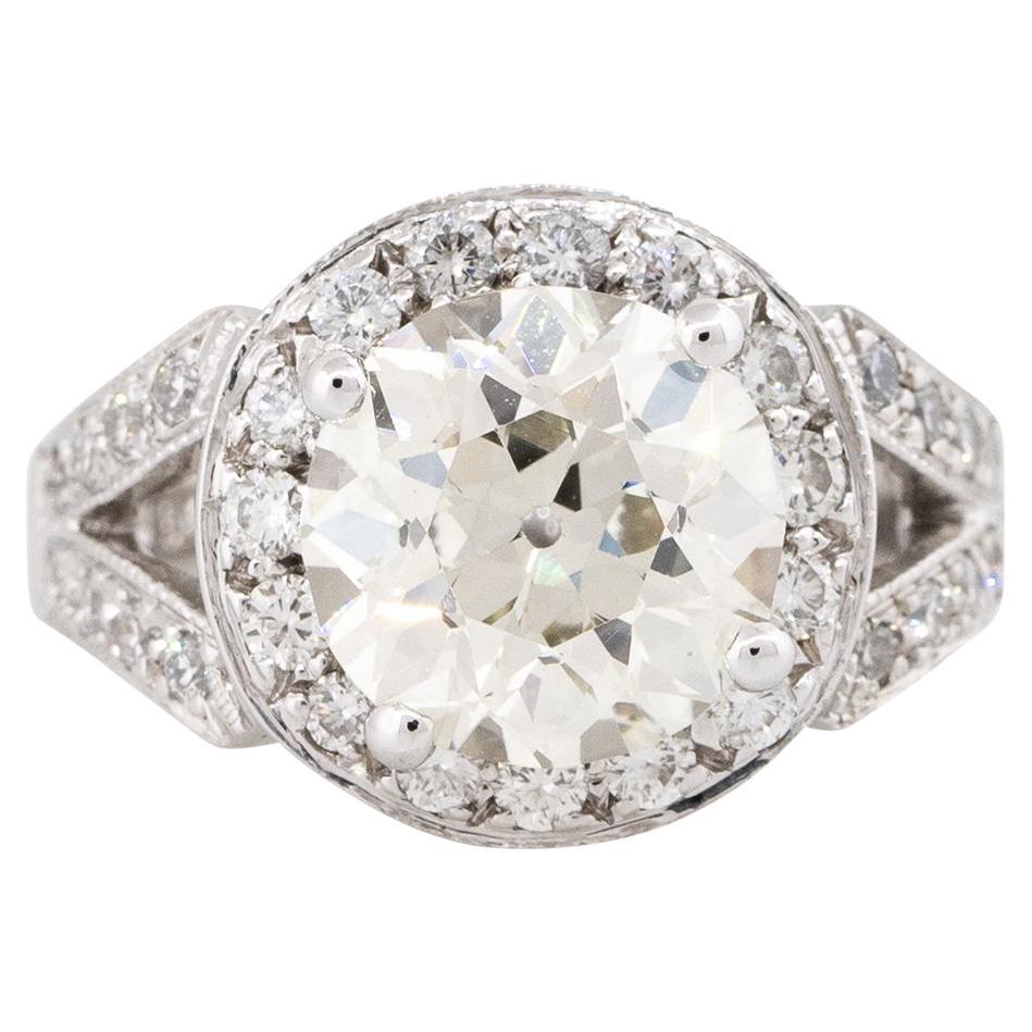 GIA Certified 3.38 Carat Diamond Halo Engagement Ring 18 Karat in Stock For Sale