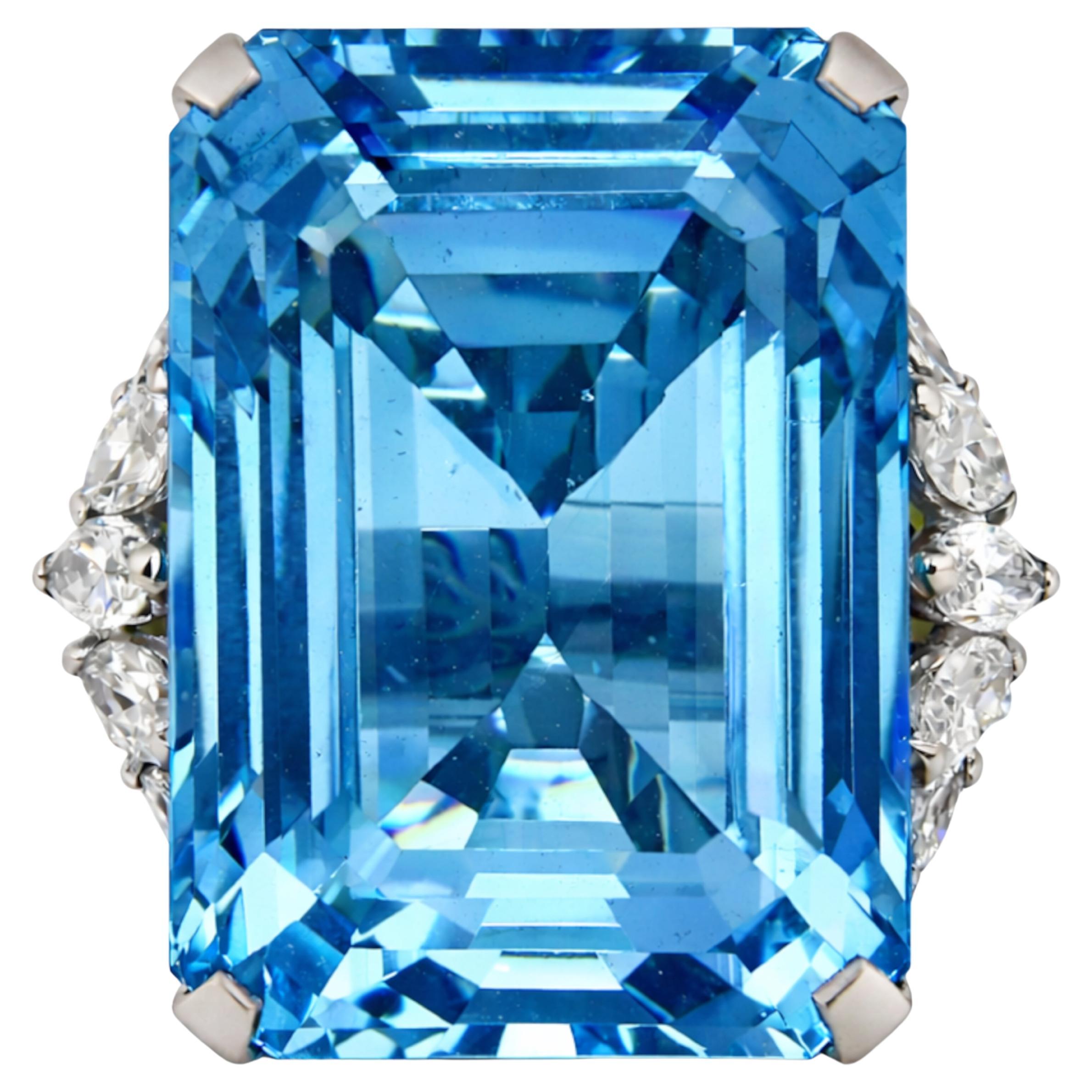 GIA Certified 34 Carat Platinum Aquamarine and Diamond Ring