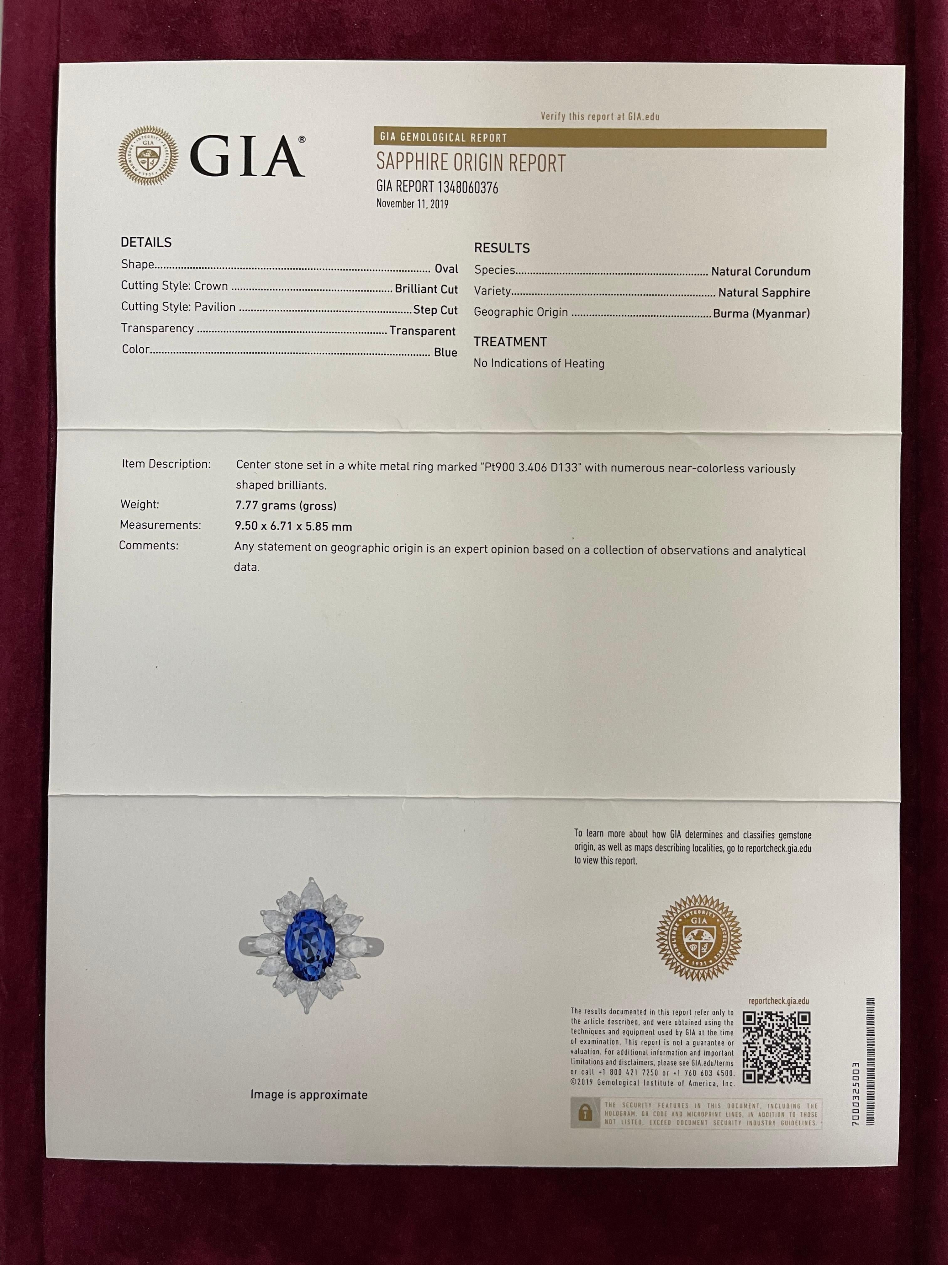 GIA Certified 3.40 Carat Burma No Heat Sapphire Diamond Cocktail Ring 10