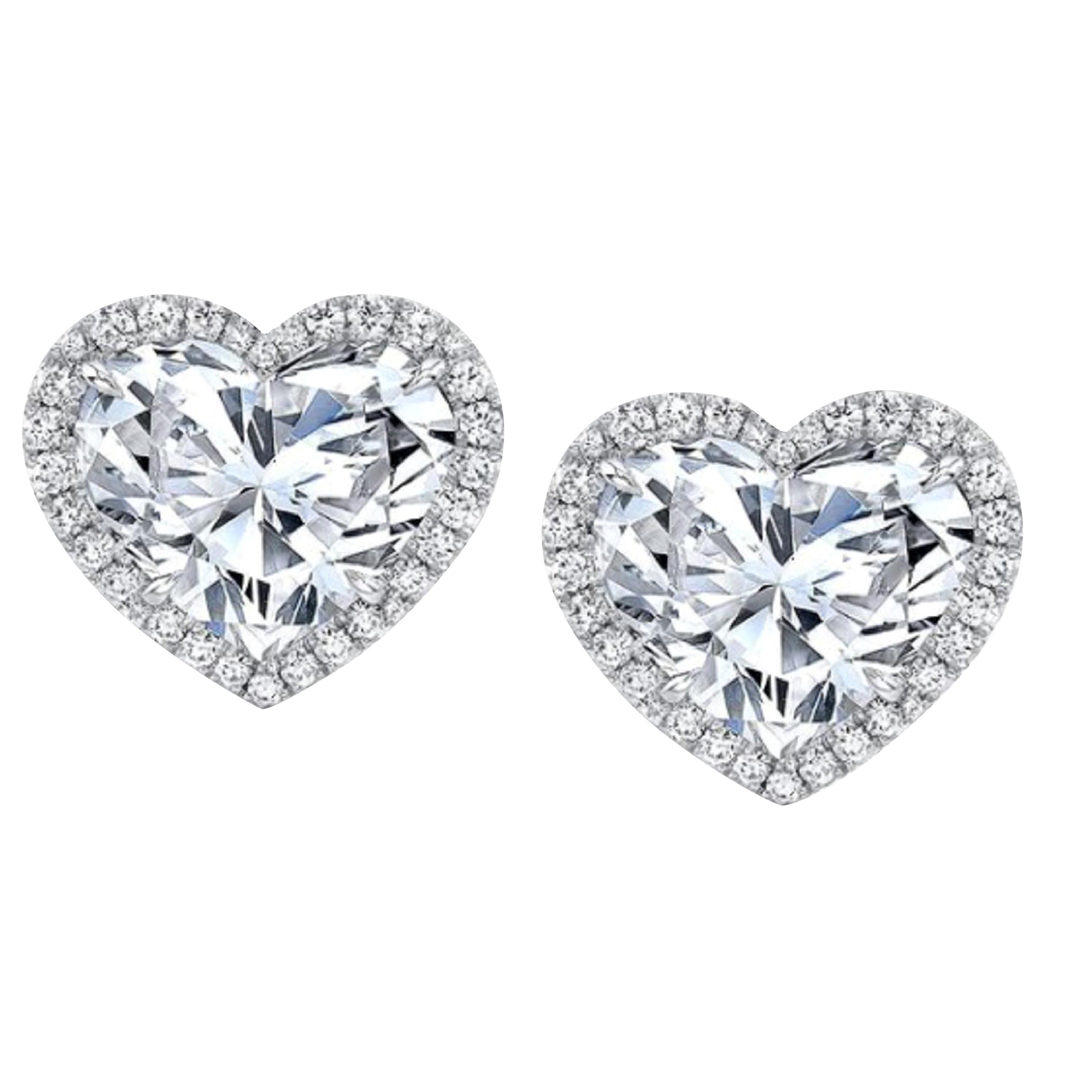 GIA Certified 3 Carat Heart Cut Diamond Studs with Halo F/E COLOR