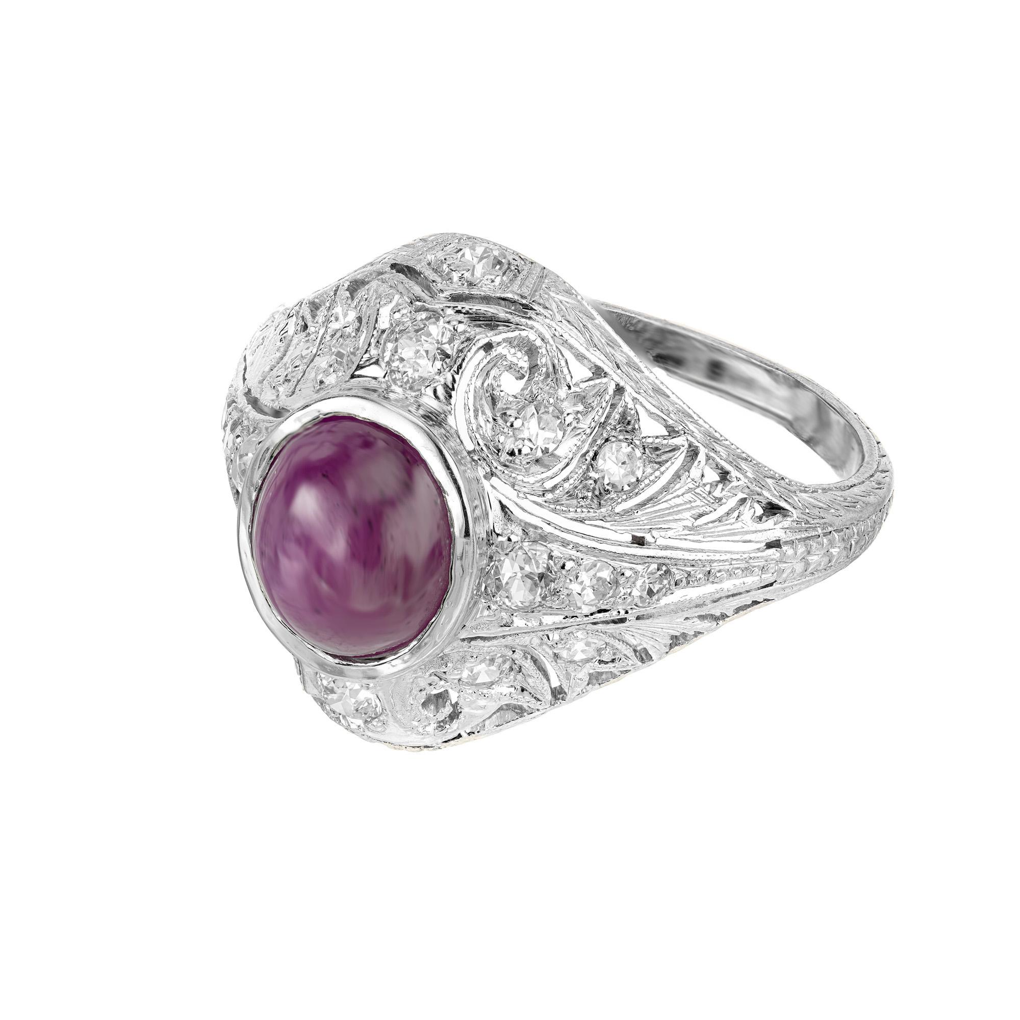 Cabochon GIA Certified 3.40 Carat Star Ruby Diamond Art Deco Platinum Cocktail Ring For Sale