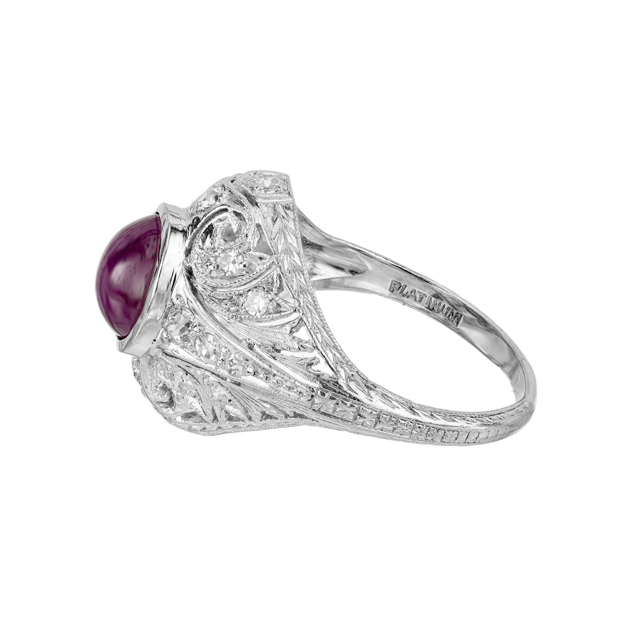 GIA Certified 3.40 Carat Star Ruby Diamond Art Deco Platinum Cocktail Ring For Sale 3