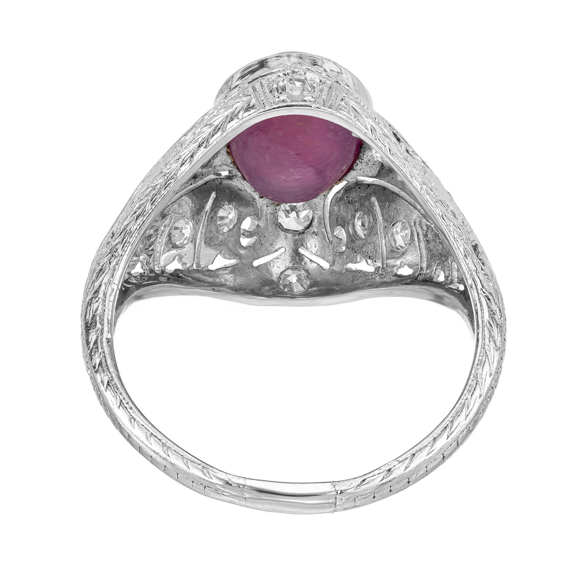 GIA Certified 3.40 Carat Star Ruby Diamond Art Deco Platinum Cocktail Ring For Sale 4