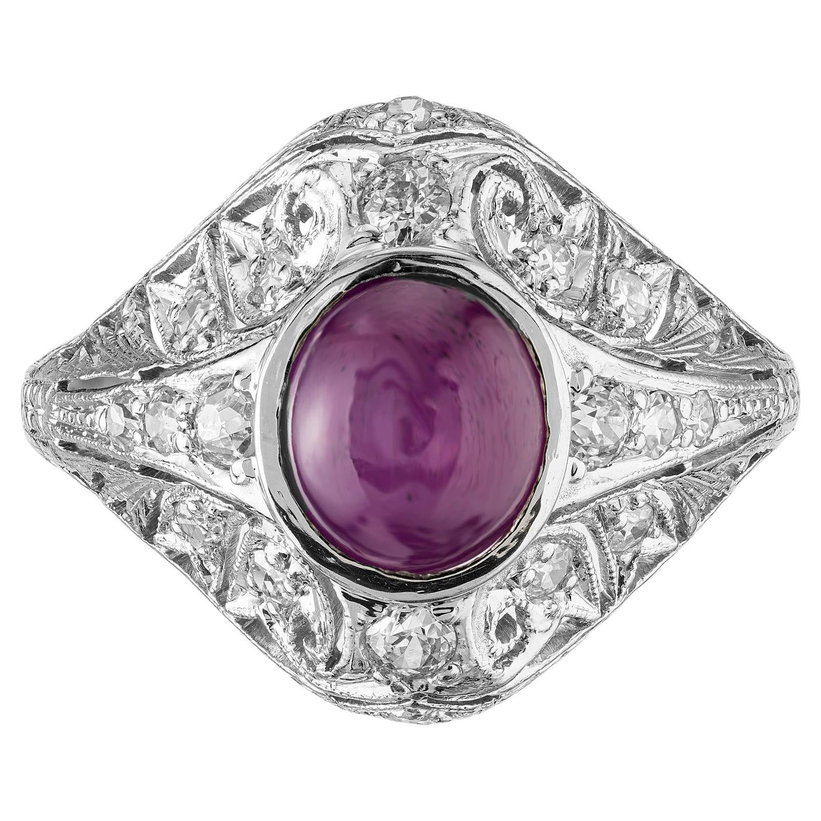 Bague cocktail Art déco en platine avec rubis étoilé certifié GIA de 3,40 carats et diamants en vente
