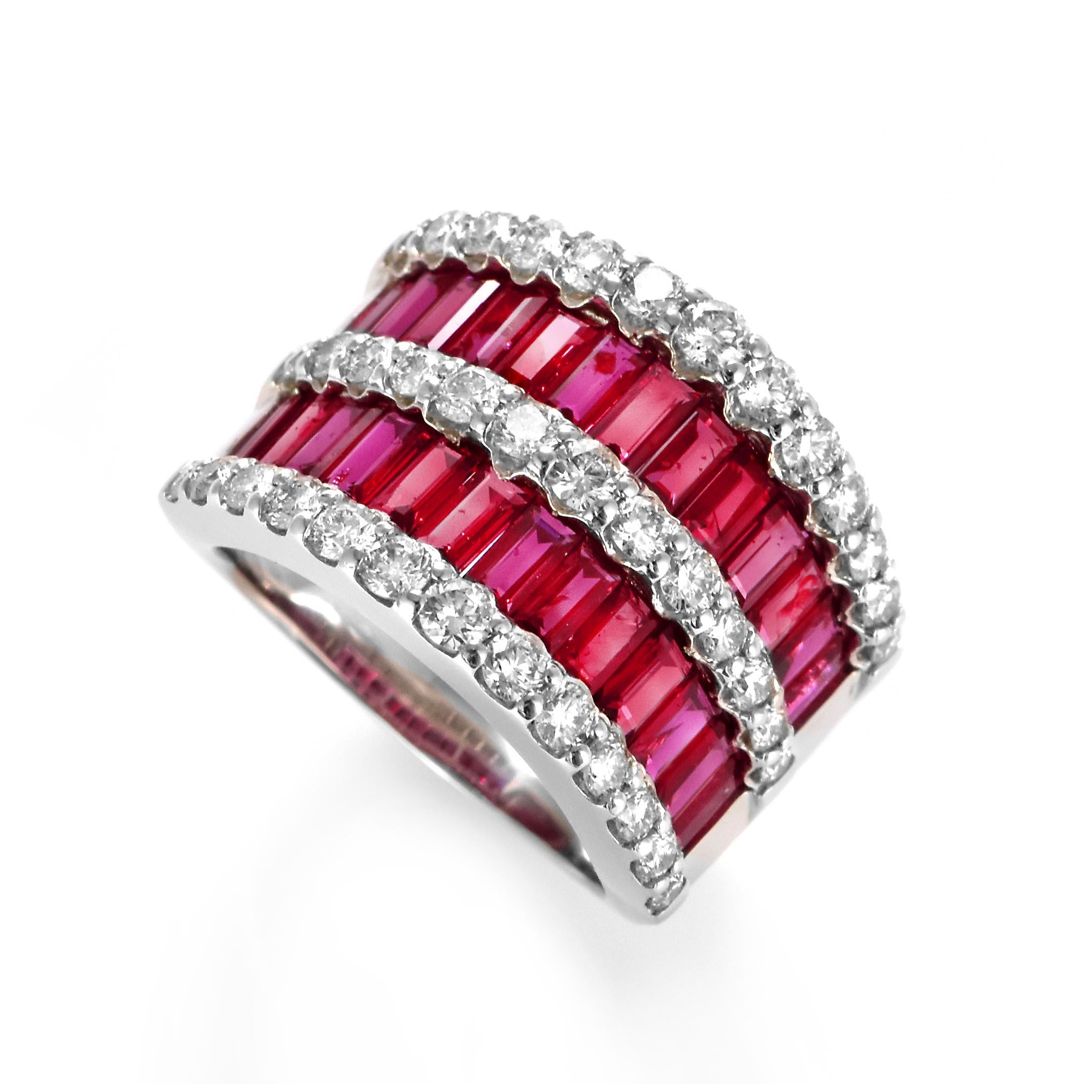 A beautiful Ring made in Platinum featuring 3.40 Carats of Natural Unheated Rubies and 1.41 Carat Diamonds. Rubies are referred to as 