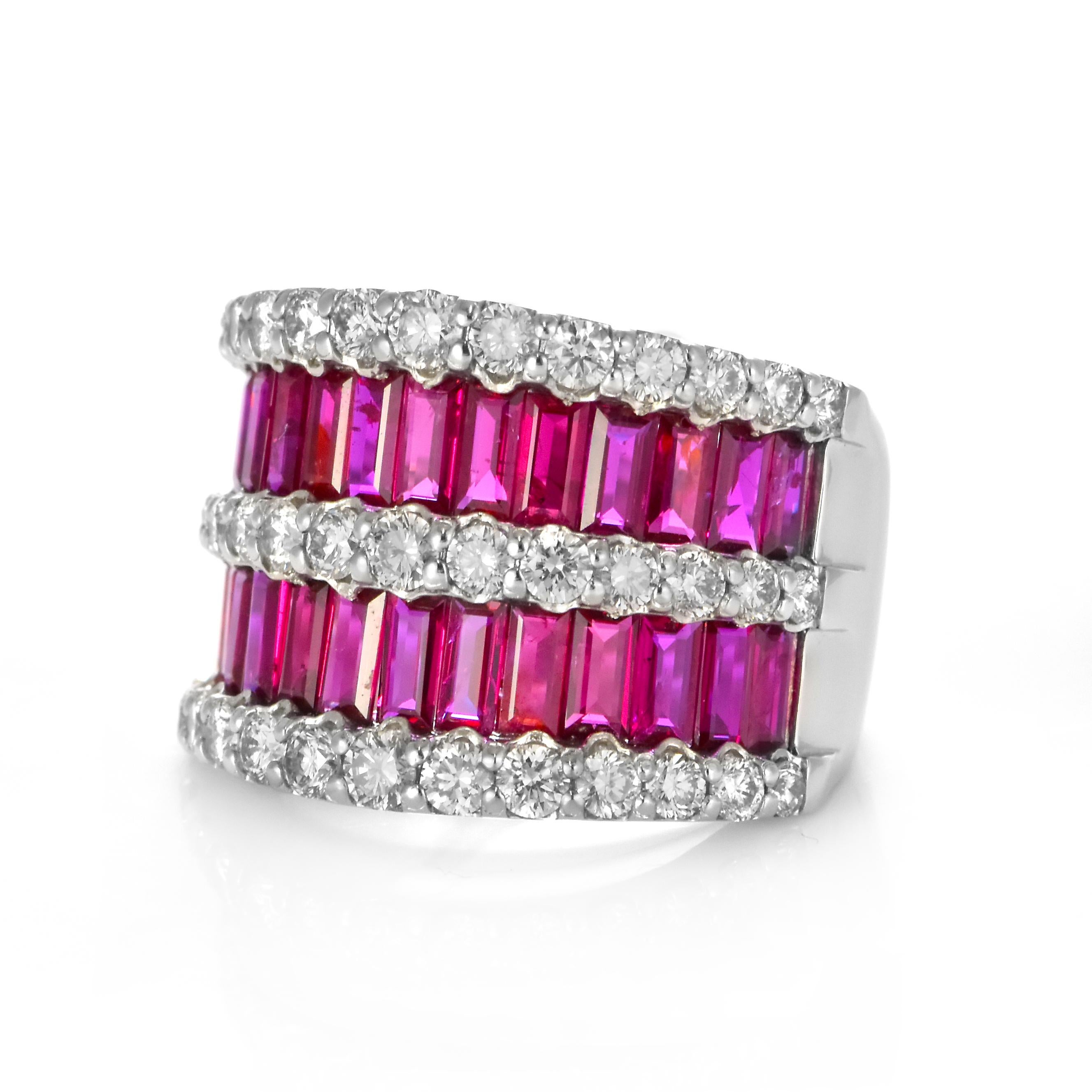 Baguette Cut GIA Certified 3.40 Carats of Natural Unheated, Baguette Rubies and Diamond Ring For Sale
