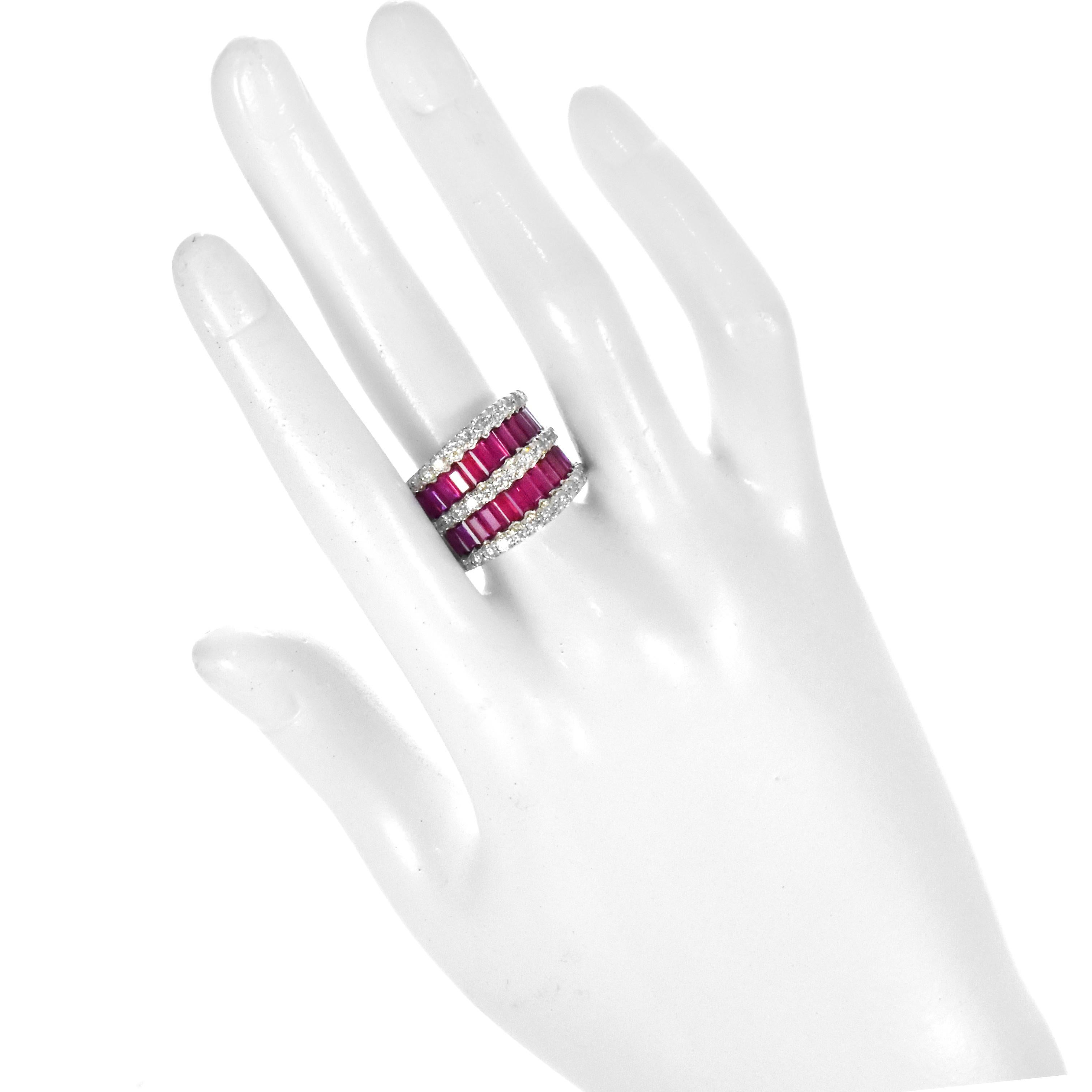GIA Certified 3.40 Carats of Natural Unheated, Baguette Rubies and Diamond Ring For Sale 1