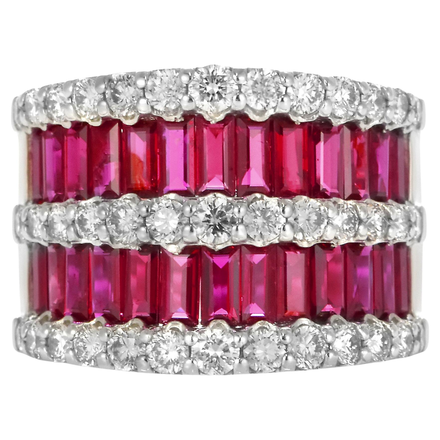 GIA Certified 3.40 Carats of Natural Unheated, Baguette Rubies and Diamond Ring