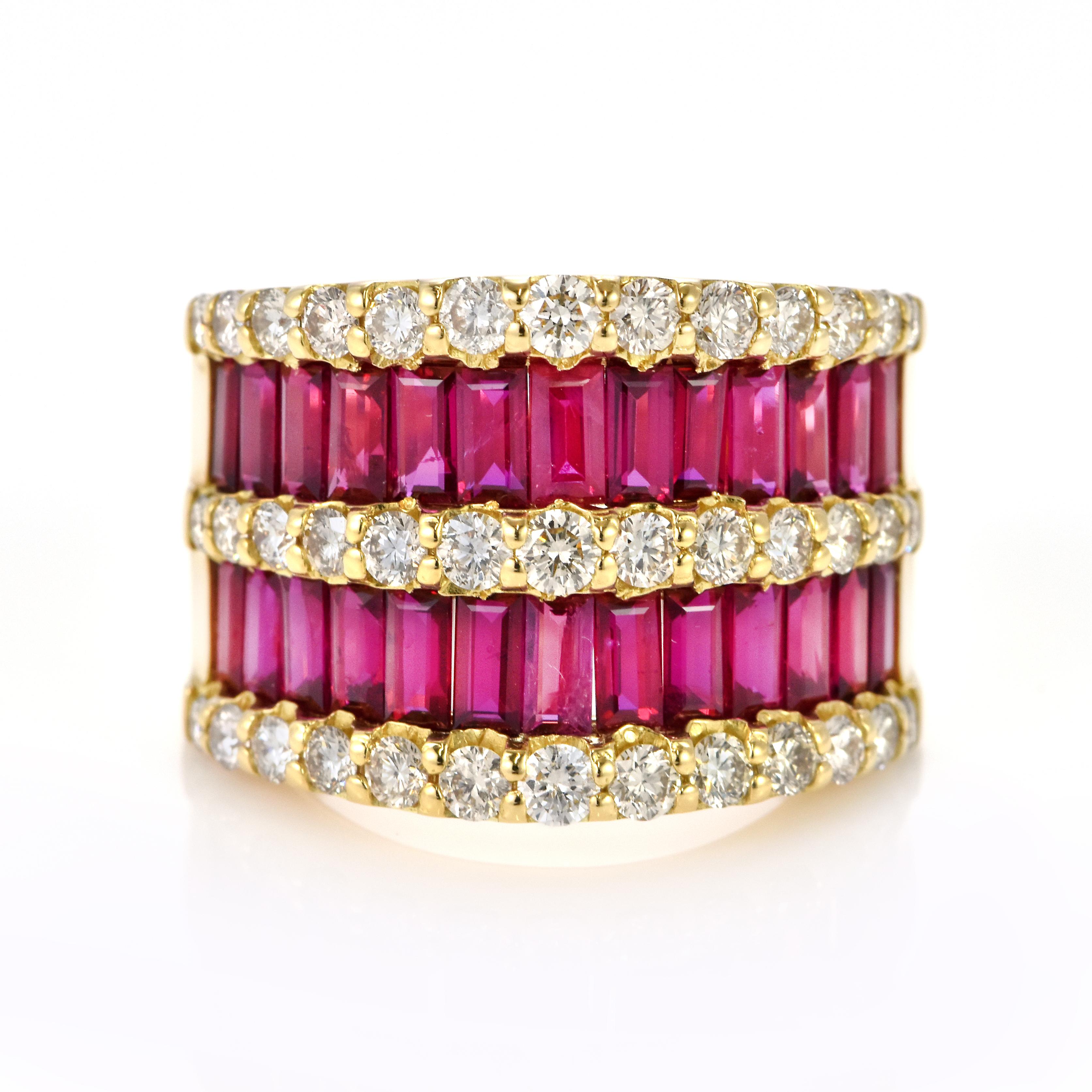 Baguette Cut GIA Certified 3.40 Carats Unheated Rubies and Diamond Ring Made in 18K Gold For Sale