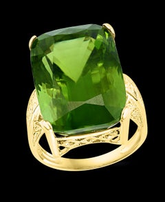 GIA Certified 34.06 Carat Cushion Peridot 14 Karat Yellow Gold Ring Estate
