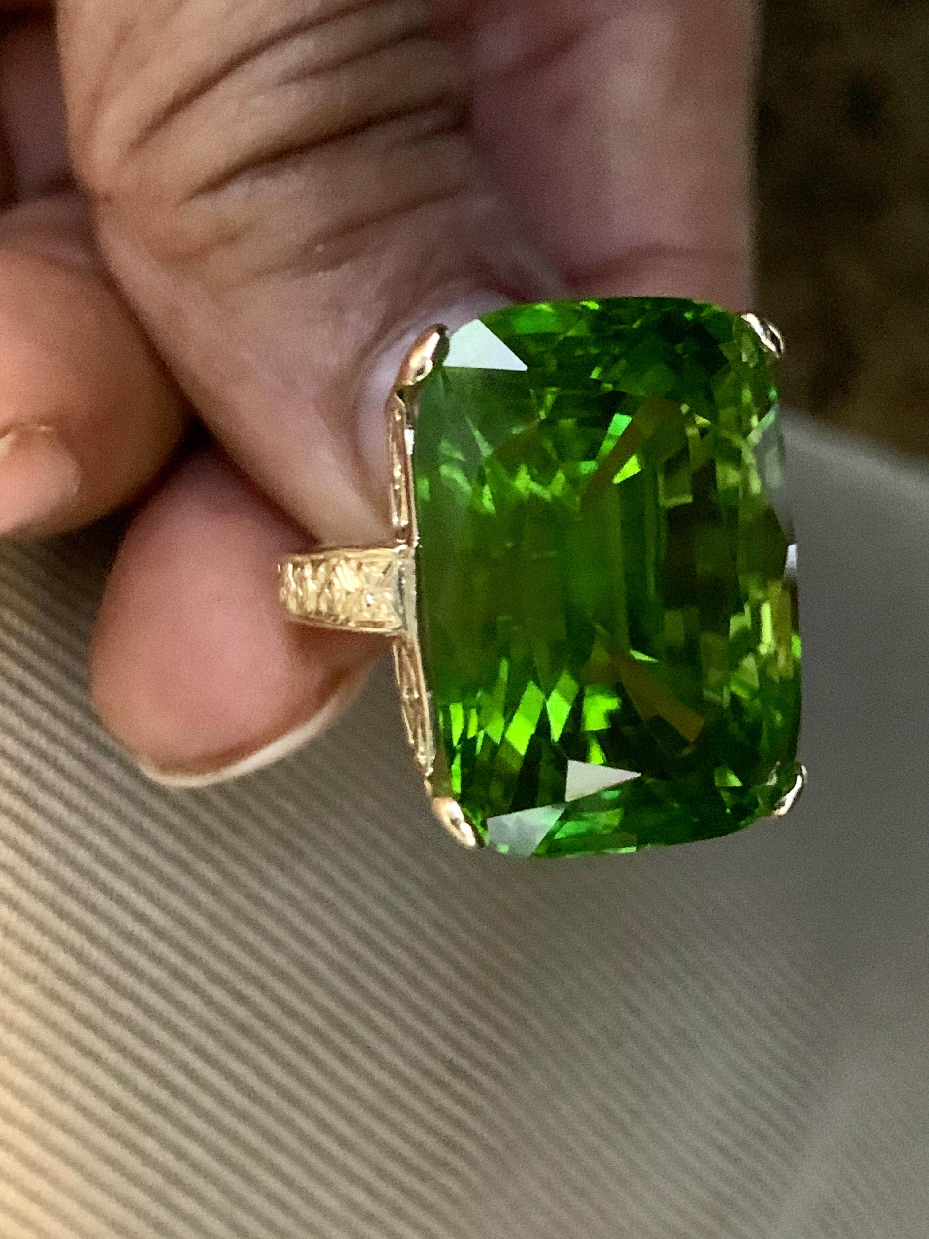 GIA Certified 34.06 Carat Cushion Peridot 14 Karat Yellow Gold Ring Estate In Excellent Condition For Sale In New York, NY