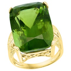 GIA Certified 34.06 Carat Cushion Peridot 14 Karat Yellow Gold Ring Estate