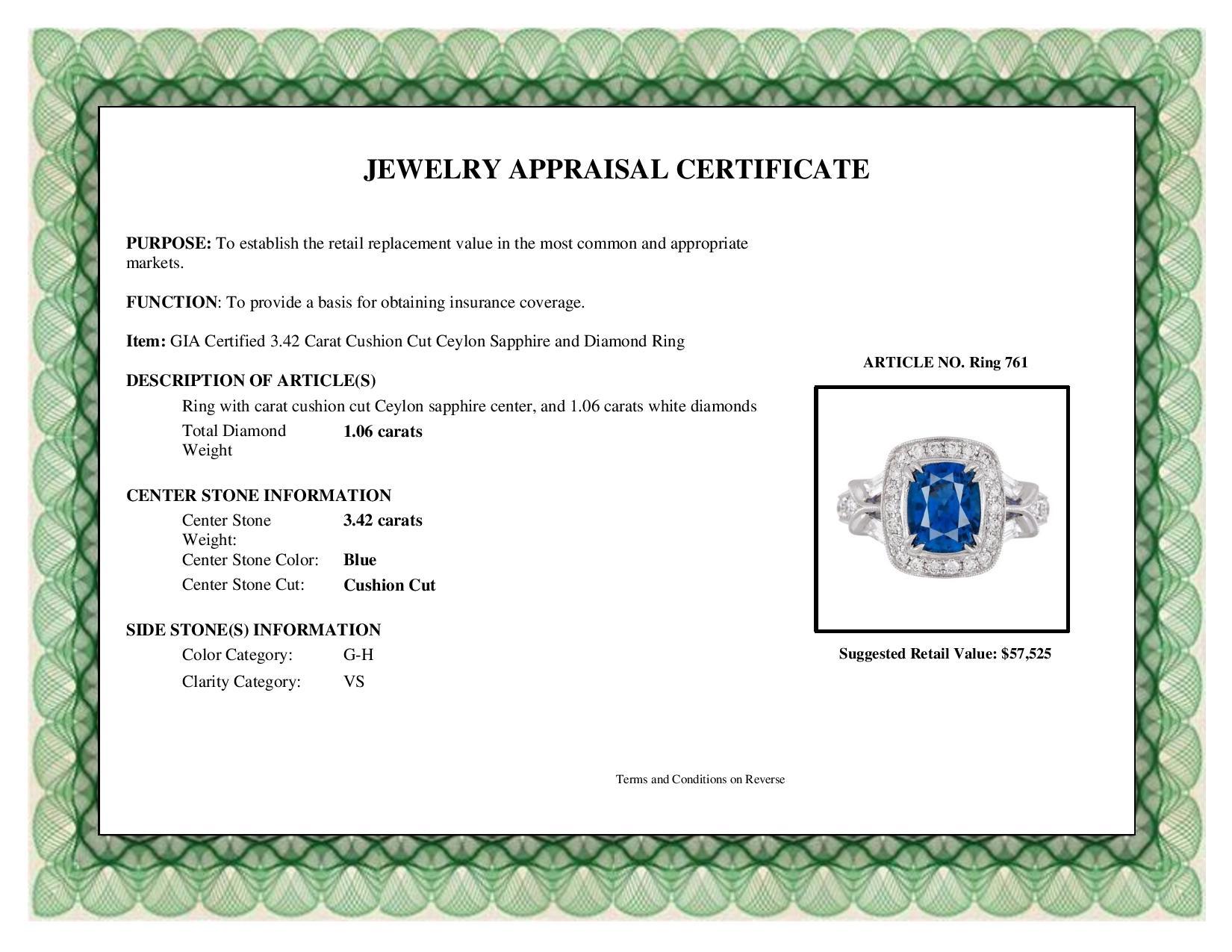 DiamondTown GIA Certified 3.42 Carat Cushion Cut Ceylon Sapphire and Diam. Ring 4